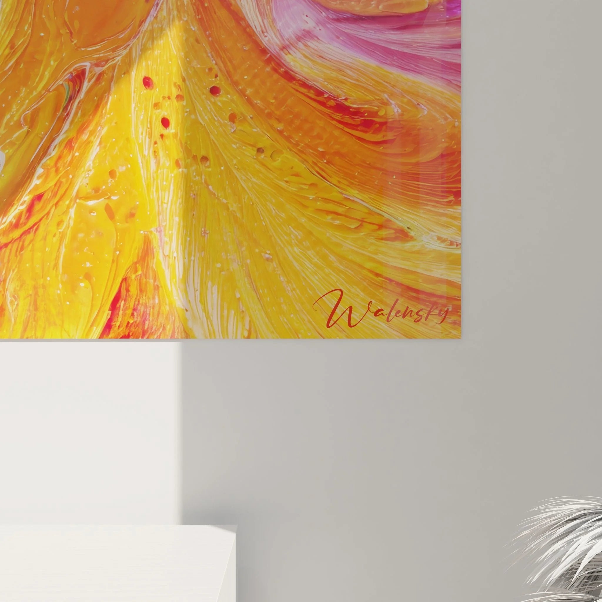 Gesamtansicht abstraktes Wandbild Farbexplosion in Malerei-Optik für zeitgenössische Raumgestaltung