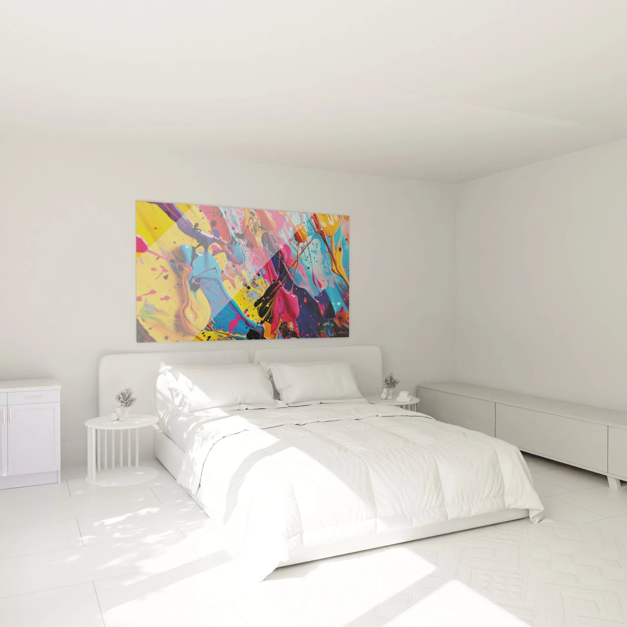 Abstraktes Wandbild Farbexplosion als Schlafzimmer Dekoration mit lebendigen Farben