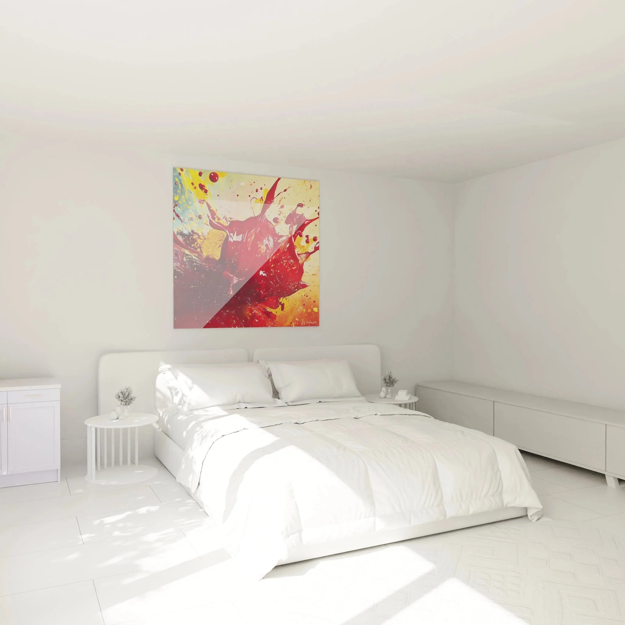 Wandbild Farbexplosion rot in elegantem Schlafzimmer als moderne expressionistische Wanddekoration