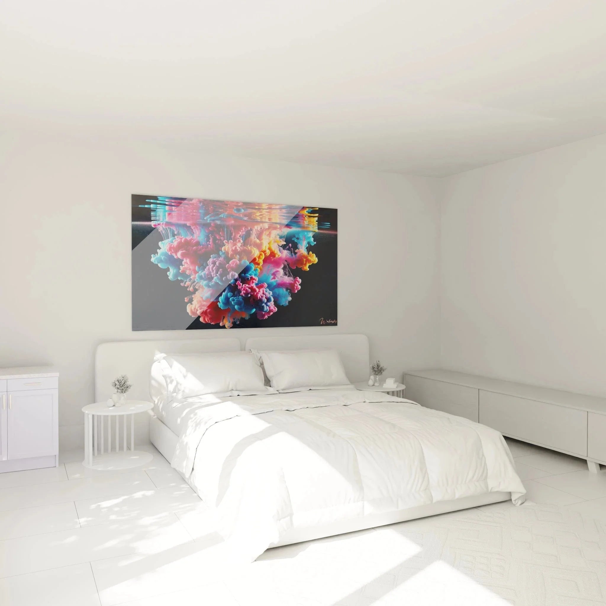 Wandbild Farbexplosion in Schlafzimmer Ambiente - abstrakte zeitgenössische Kunst als Wanddekoration