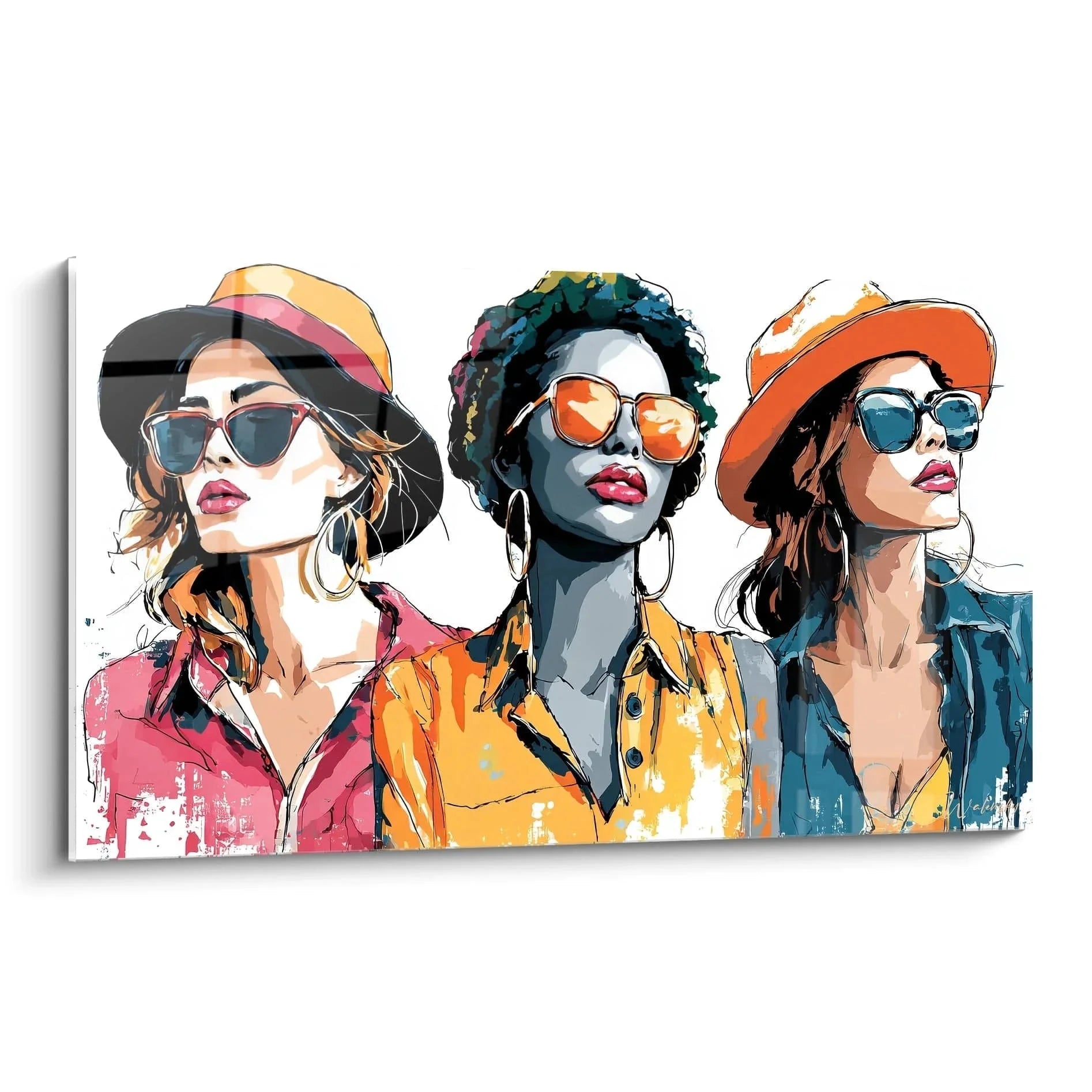 Wandbild drei stylische Fashion Girls mit Sonnenbrillen und Hüten in bunten Farben Modeillustration