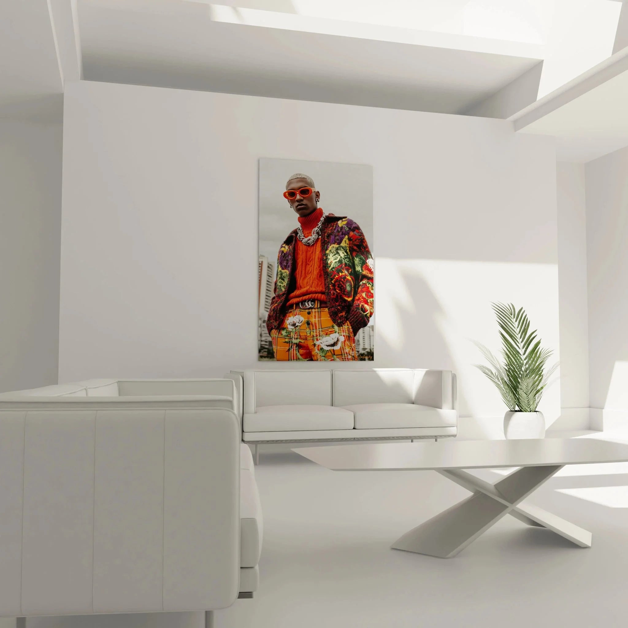 Nahaufnahme Wandbild Fashion Streetstyle Detail buntes Strickmuster und orange Sonnenbrille