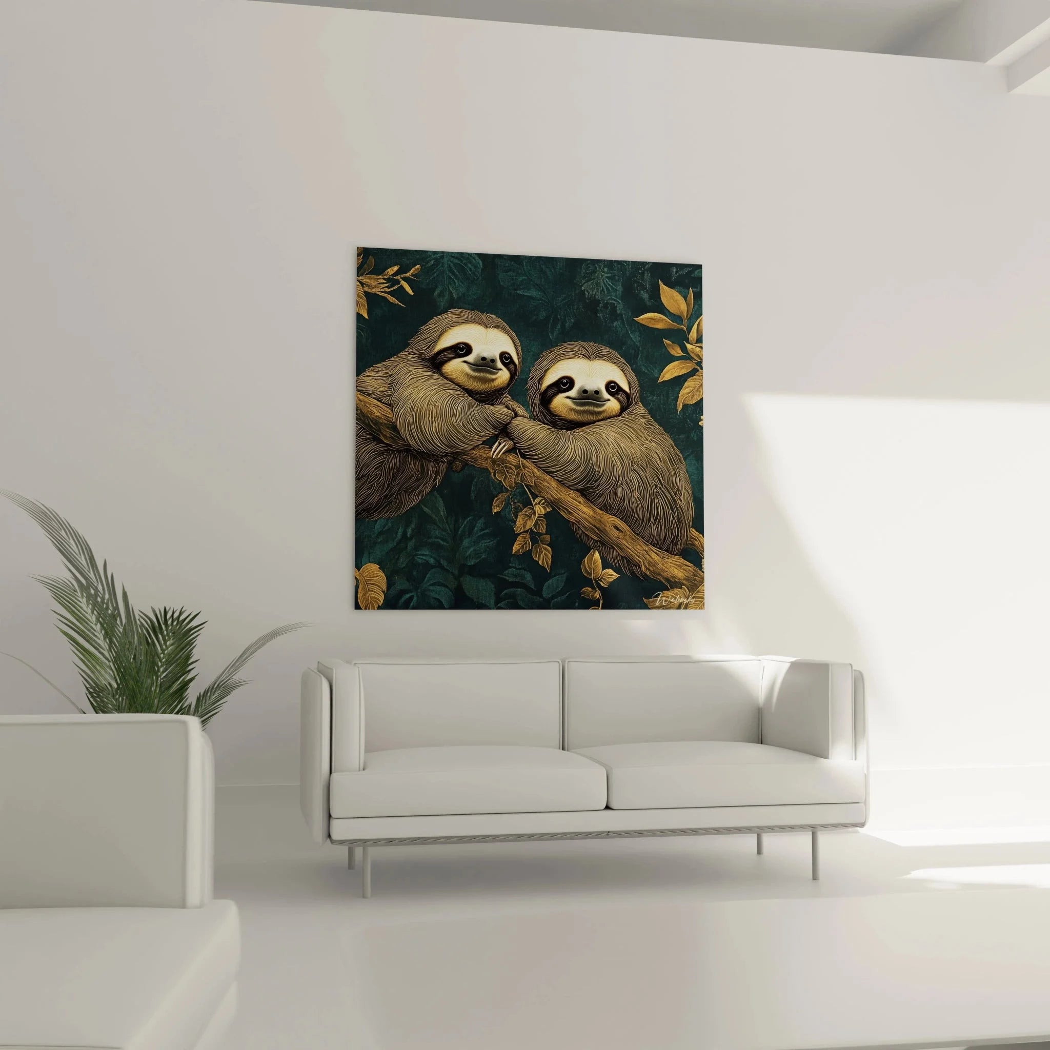 Detailansicht Wandbild Faultier Gesichter mit ausdrucksstarken Augen und strukturiertem Fell