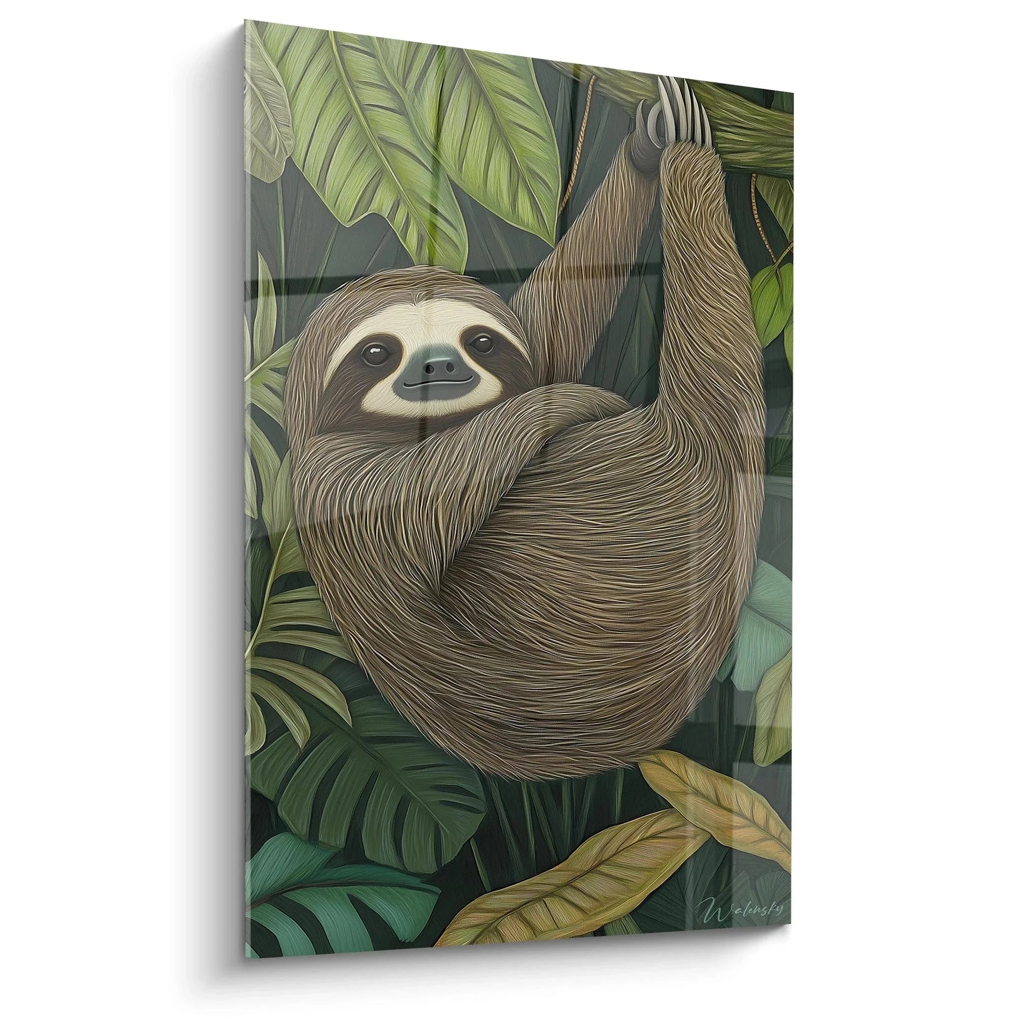 Wandbild Faultier hängend im tropischen Dschungel mit grünen Palmblättern und exotischen Pflanzen