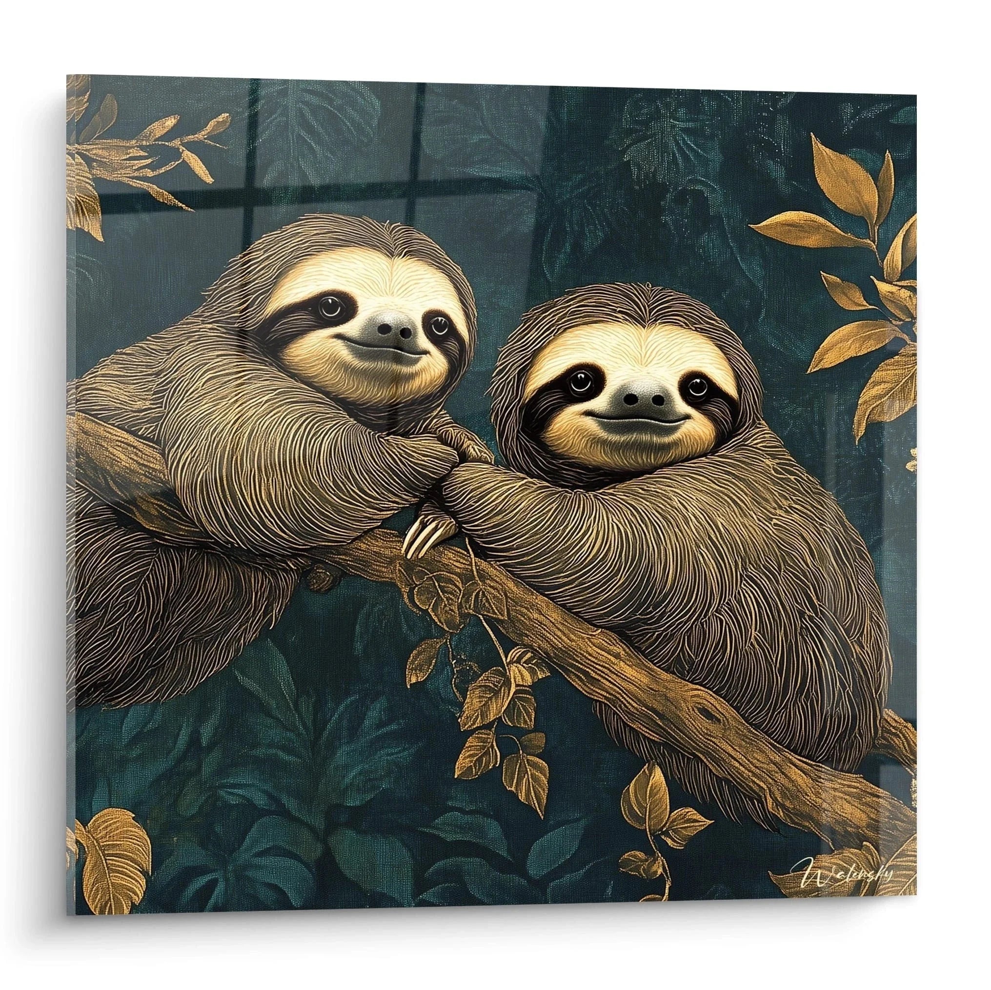 Wandbild Faultier Paar in inniger Umarmung auf Ast mit goldenen Blättern und Dschungelhintergrund