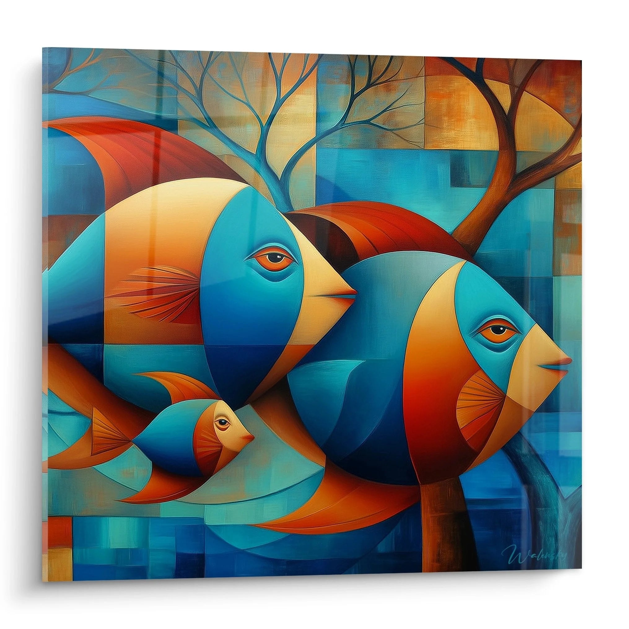 Kubistisches Wandbild mit drei stilisierten Fischen in türkis-orange Farbtönen, geometrische Unterwasserwelt