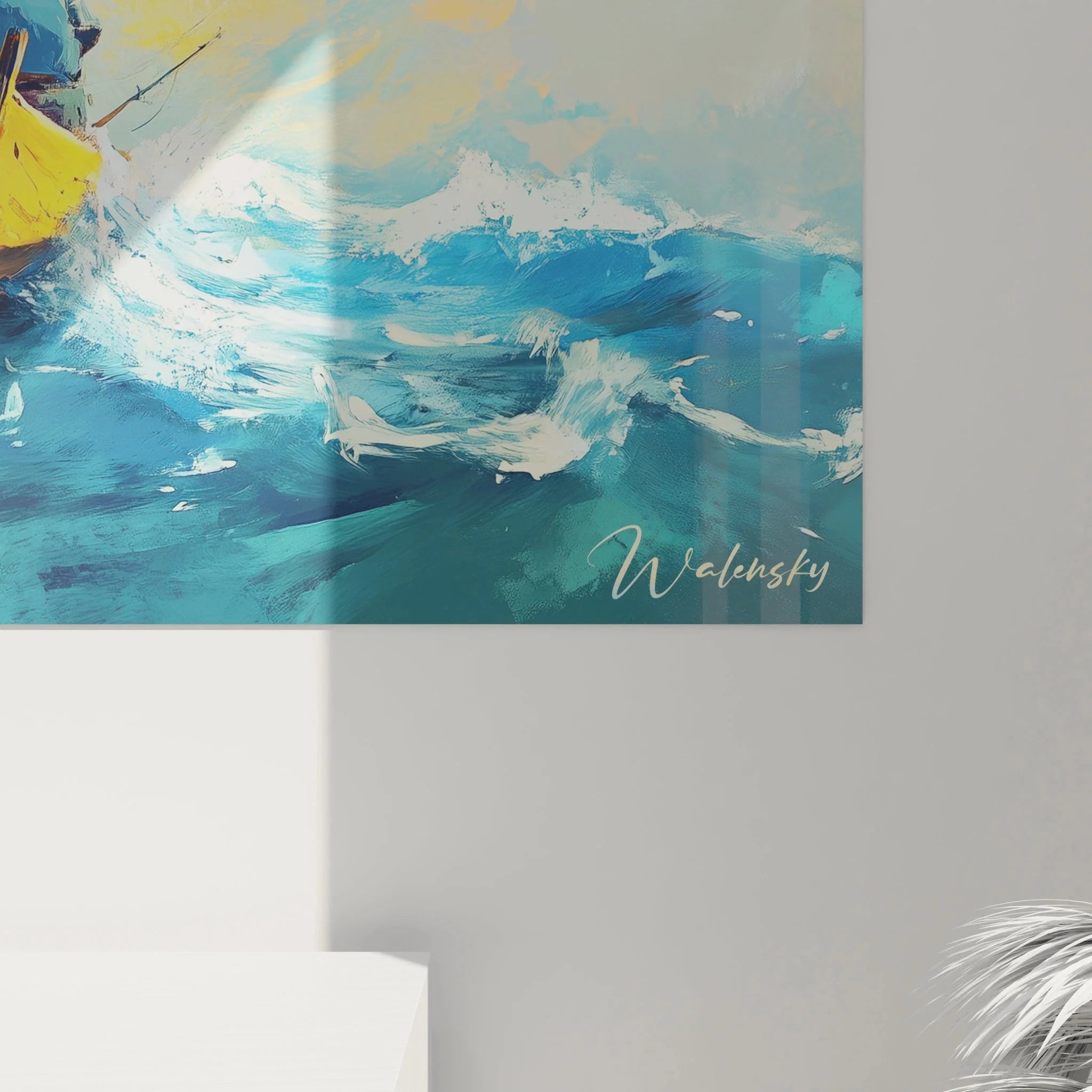 Gesamtansicht Wandbild Fischerboot Meereslandschaft Turner Art mit dramatischem Himmel und tosenden Wellen