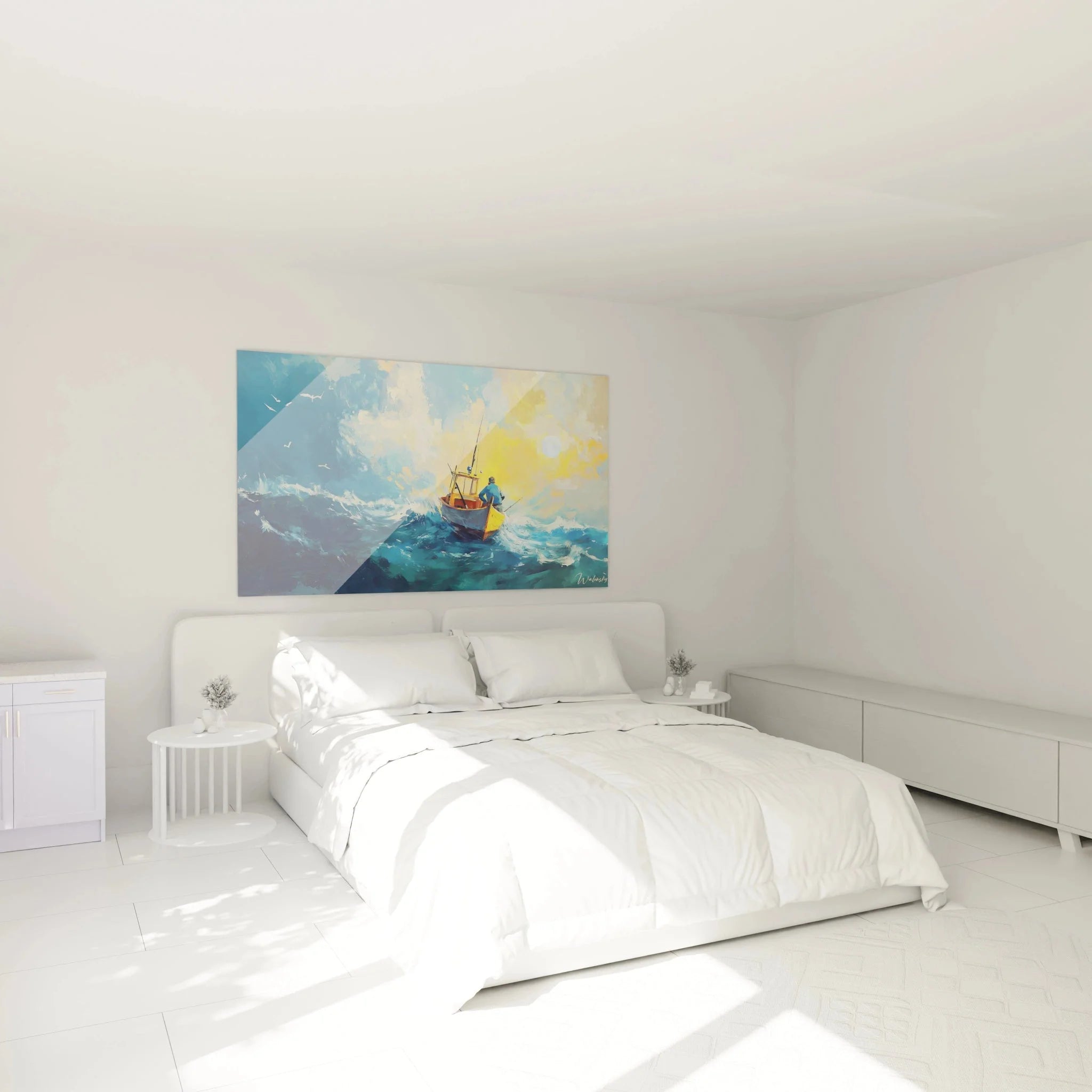 Wandbild Fischerboot Sturm in modernem Schlafzimmer Turner Edition maritime Dekoration stürmische See