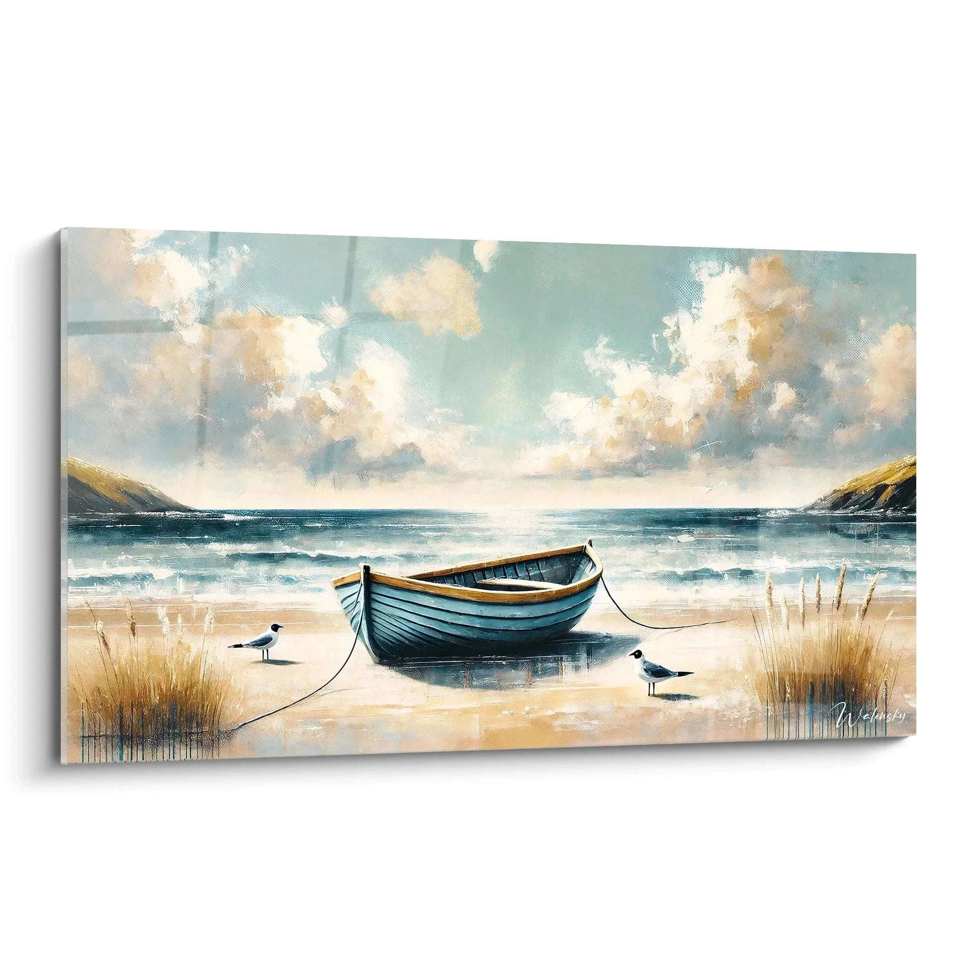 Wandbild Fischerboot am Strand mit Möwen - Maritime Küstenlandschaft in Blau und Beige für Wanddekoration
