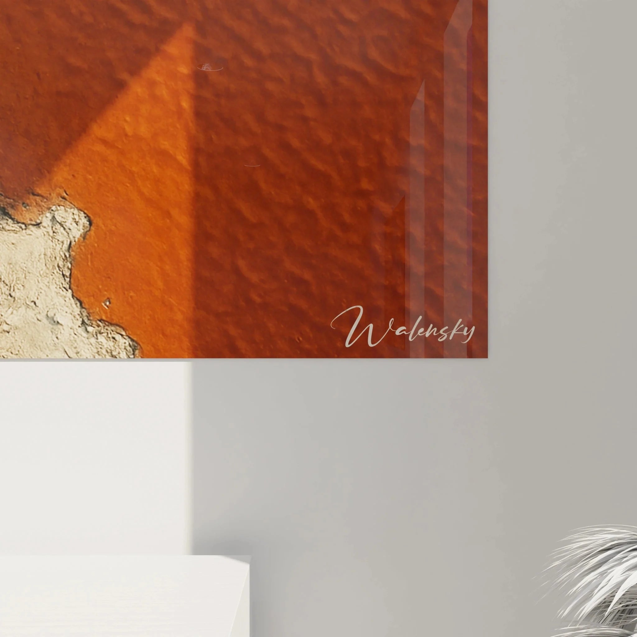 Gesamtansicht Wandbild Fischerboote Luftaufnahme Küstenlandschaft mit rotem Gewässer und Holzbooten