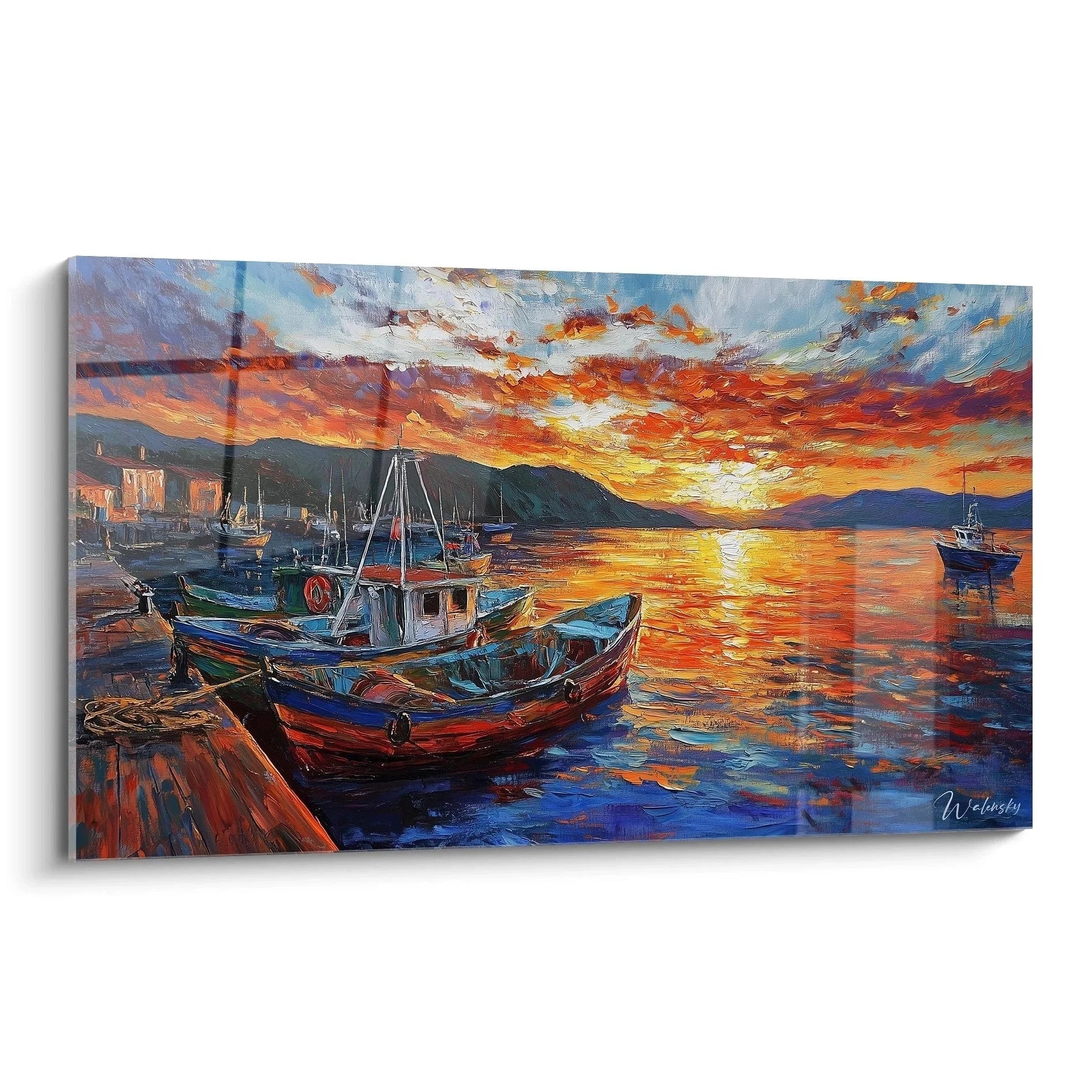 Wandbild Fischerboote bei Sonnenuntergang im malerischen Hafen mit dramatischen Wolken