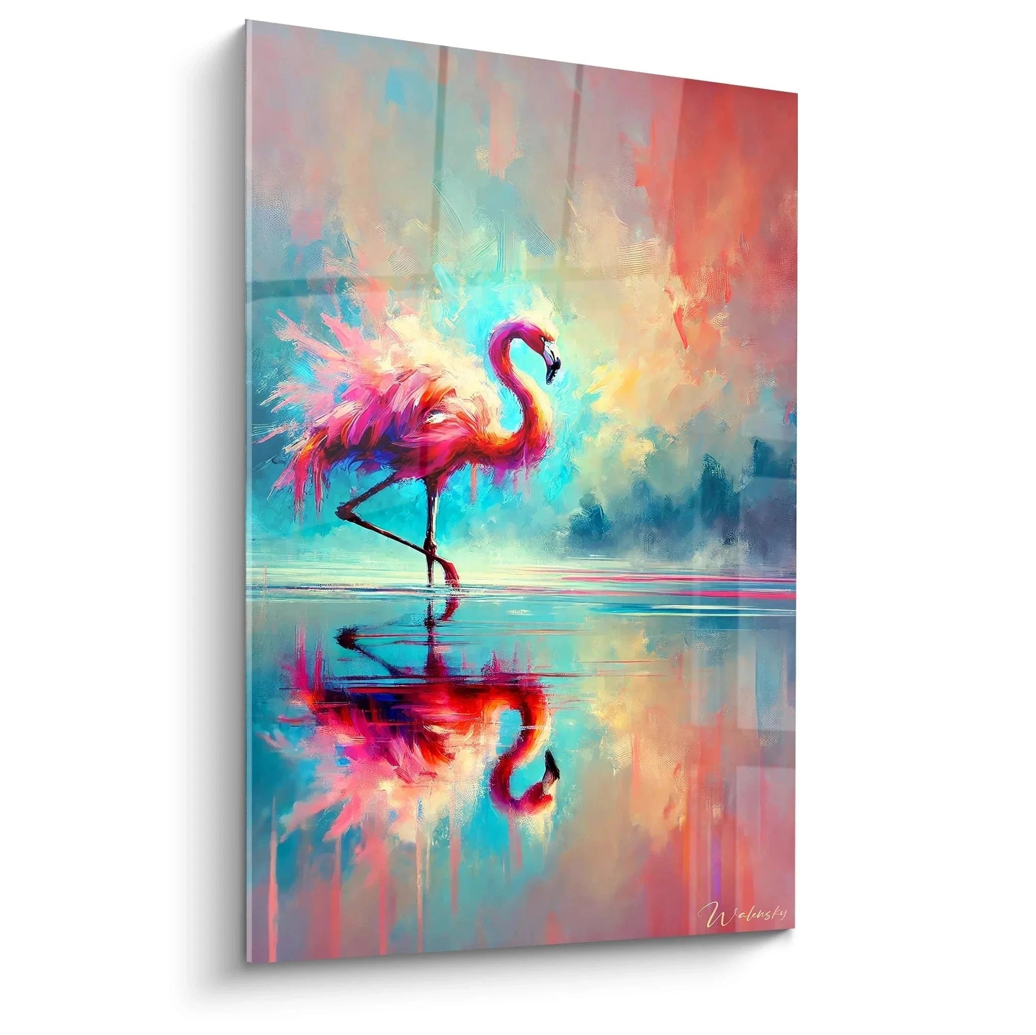 Wandbild Flamingo abstrakt mit Spiegeleffekt in rosa und türkis Farbtönen für moderne Wanddekoration