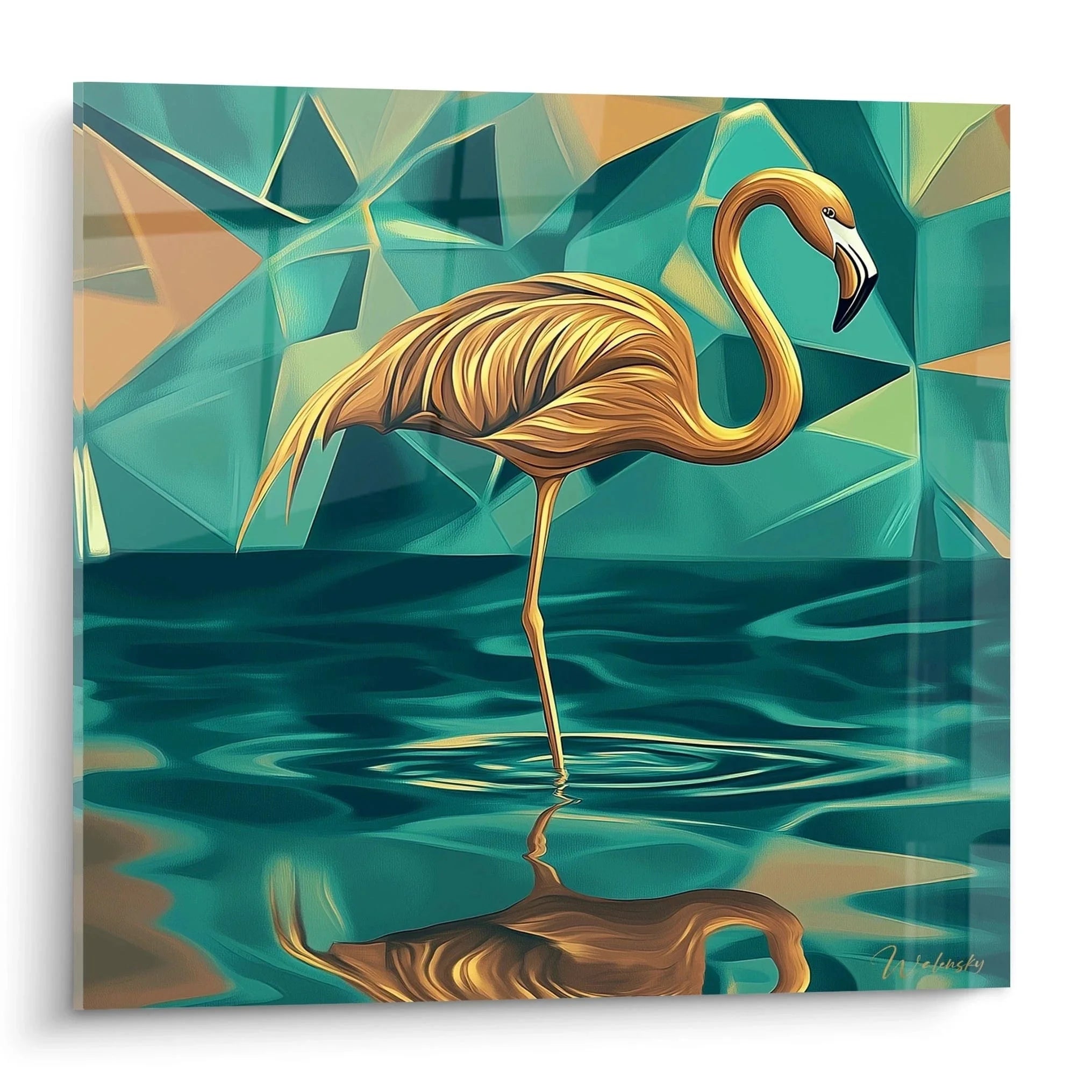 Wandbild Flamingo geometrisch in Gold und Türkis mit Kristall-Hintergrund und Wasserspiegelung