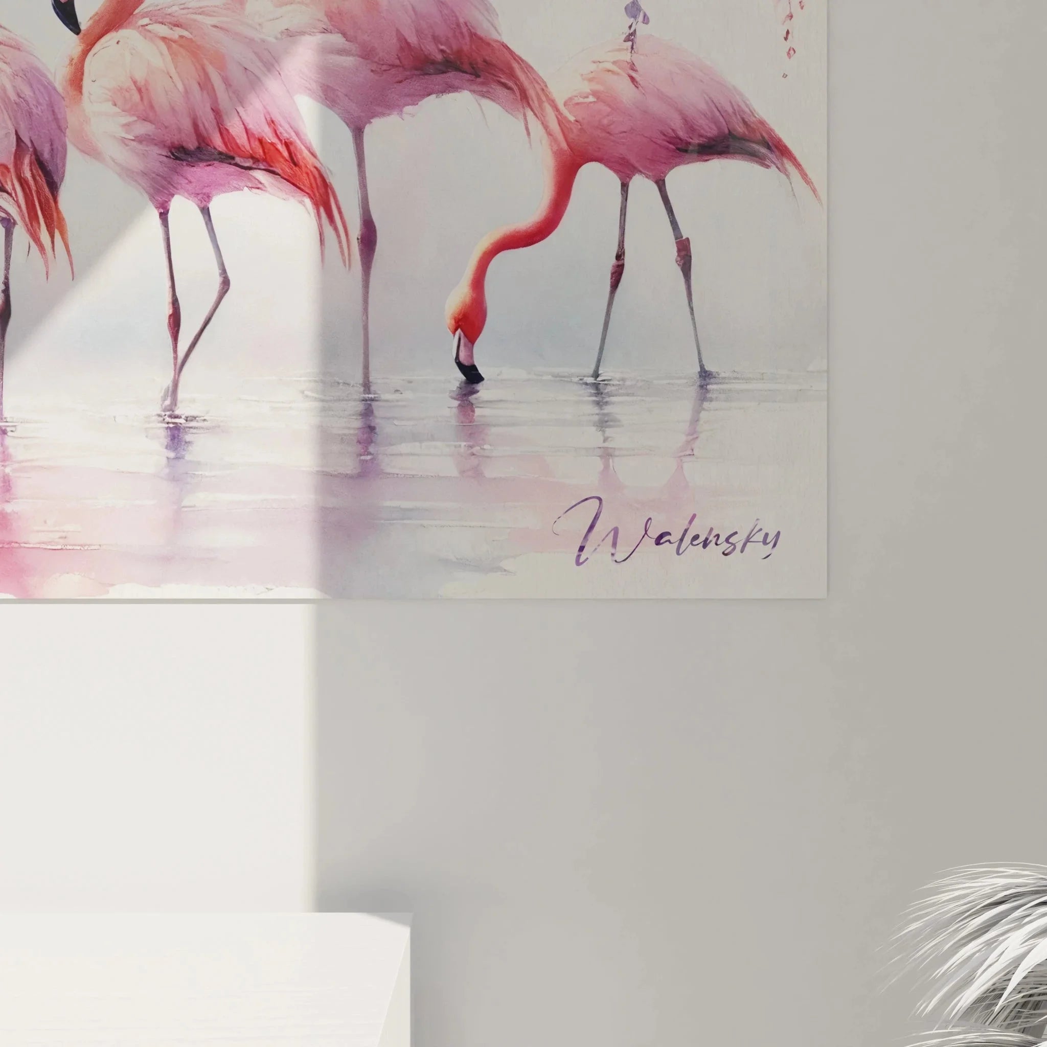 Gesamtansicht Wandbild Flamingo Gruppe Wisteria Garten rosa lila Farbpalette Leinwand