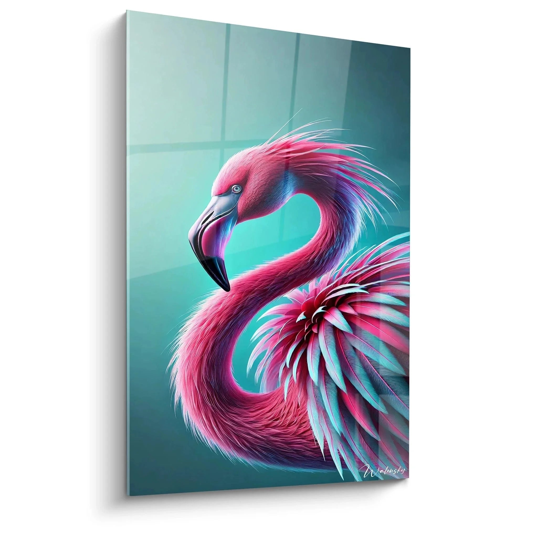Modernes Wandbild Flamingo mit künstlerischen Federn in Pink und Türkis auf türkisem Hintergrund