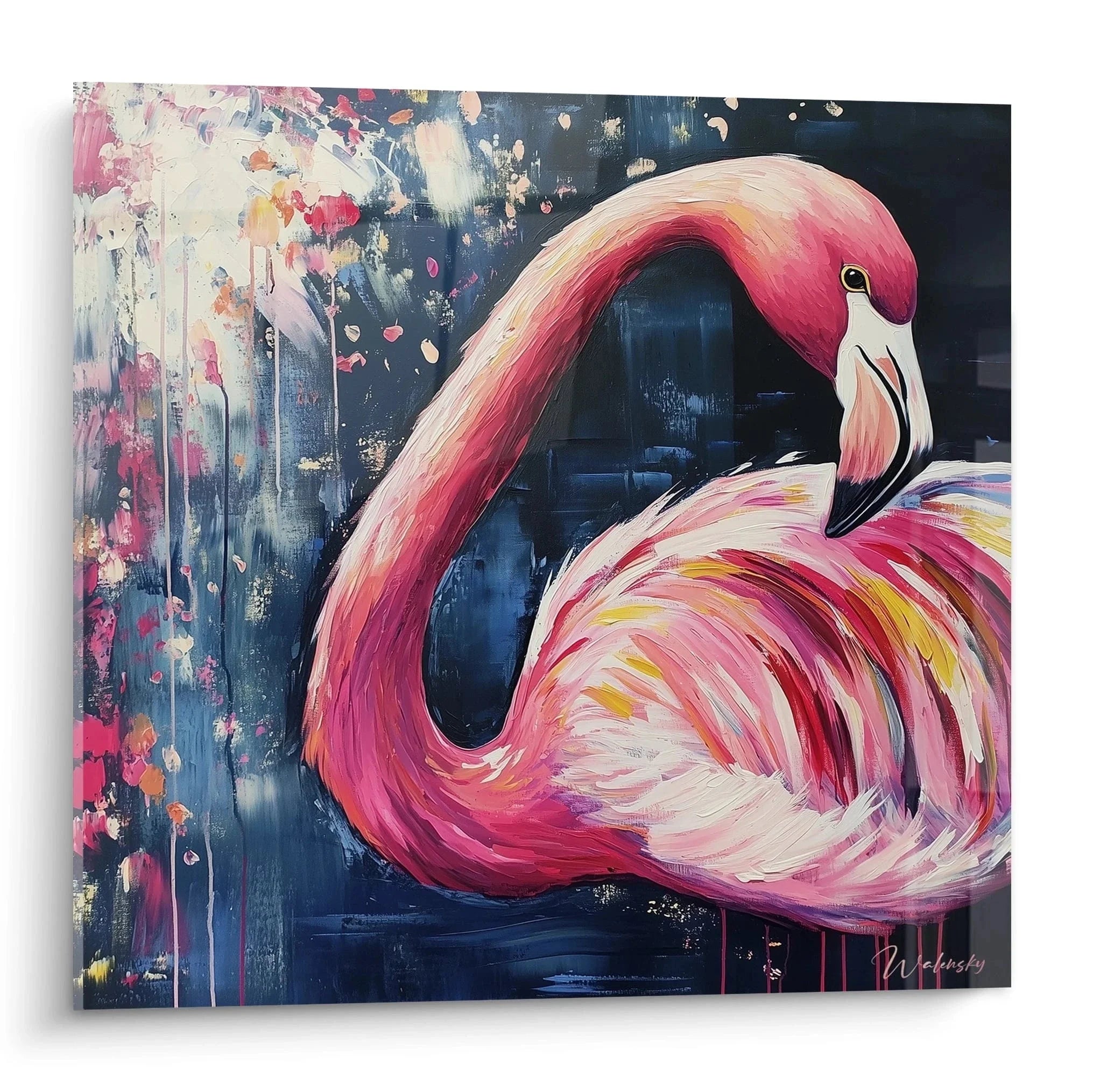 Wandbild Flamingo in rosa Tönen auf blauem Hintergrund, moderne Kunst Edition Flamingo