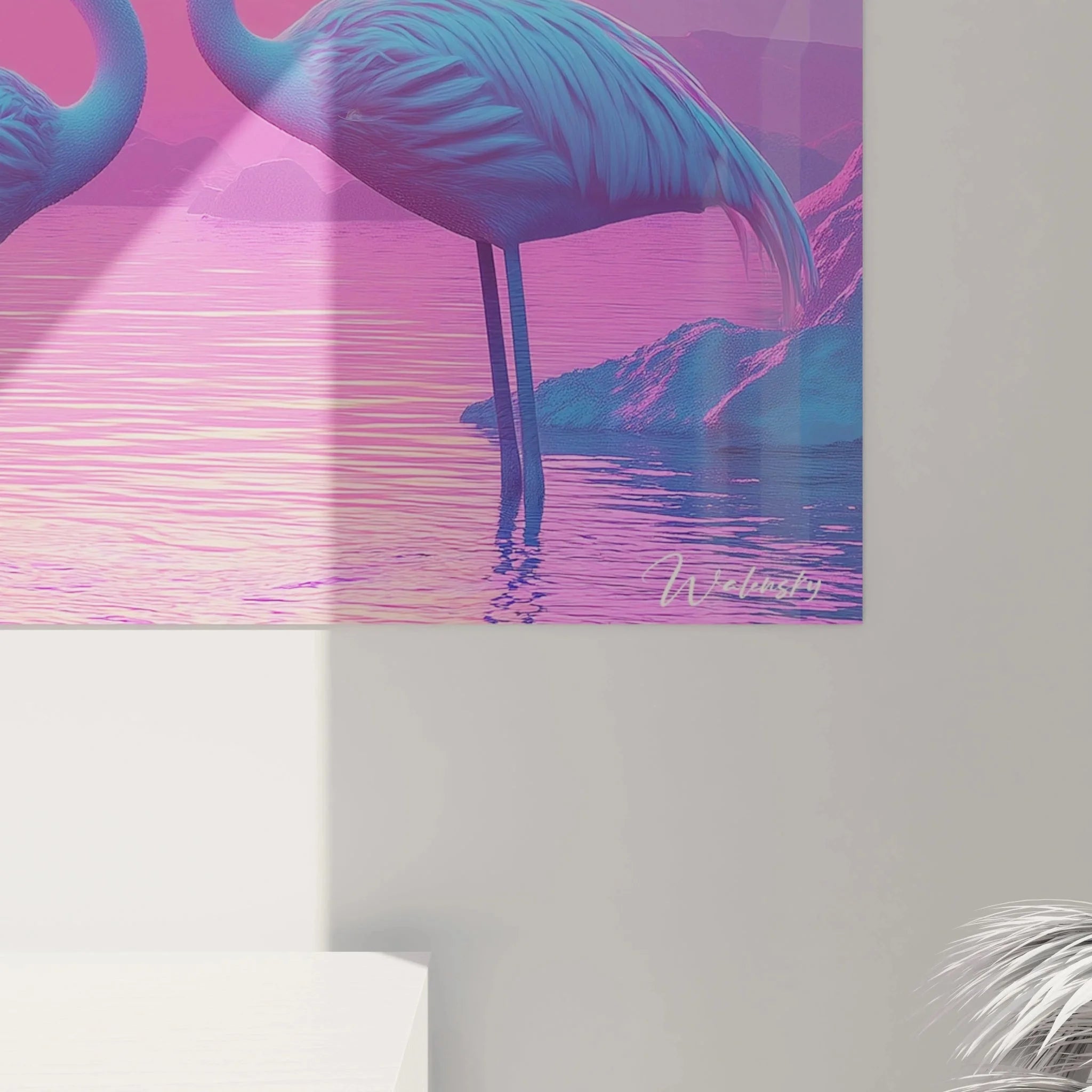 Gesamtansicht des Flamingo Wandbildes mit surrealer Sonnenuntergang Szenerie und Bergen