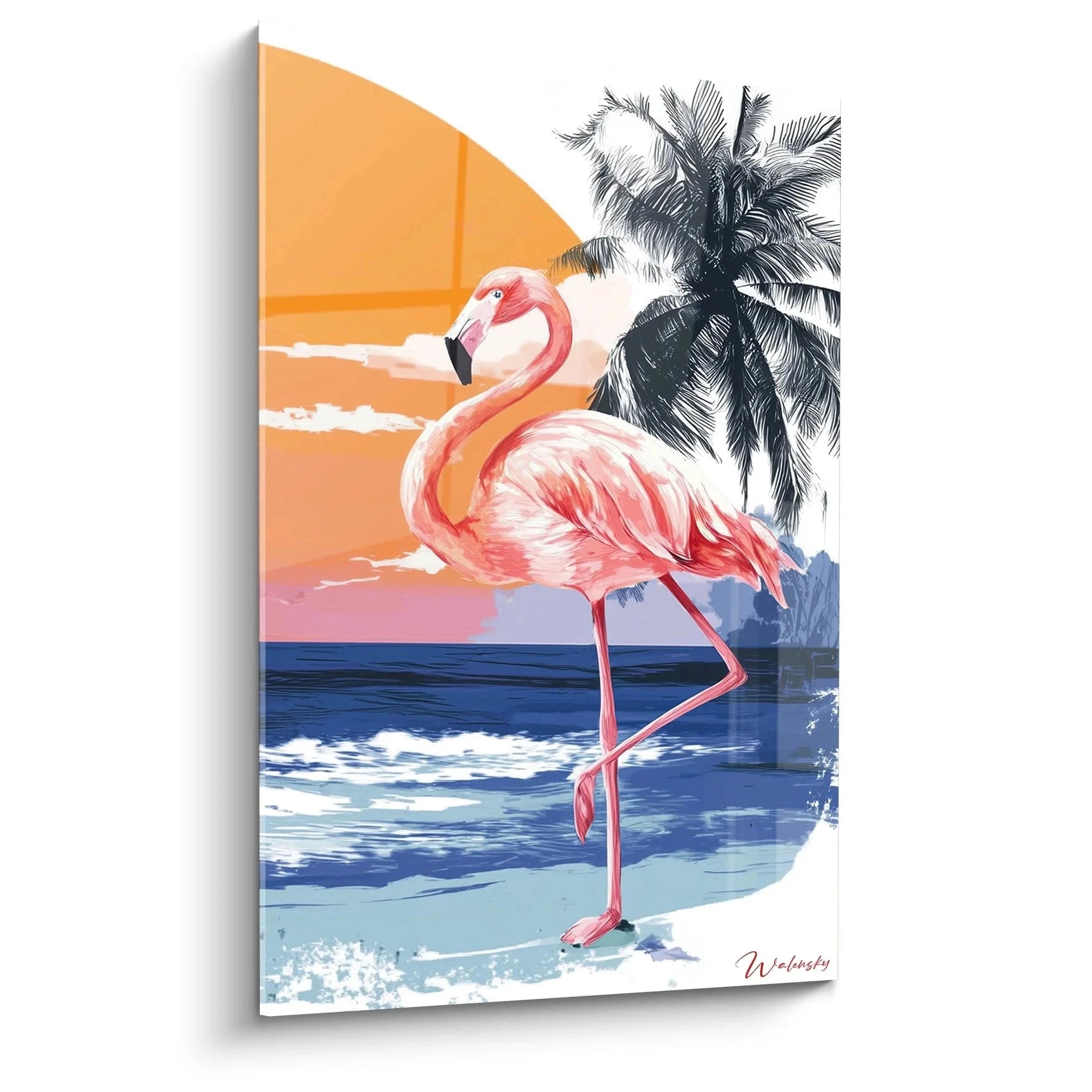 Wandbild Flamingo tropisch mit Palme und Sonnenuntergang - Sommer Wanddeko XXL für Wohnzimmer