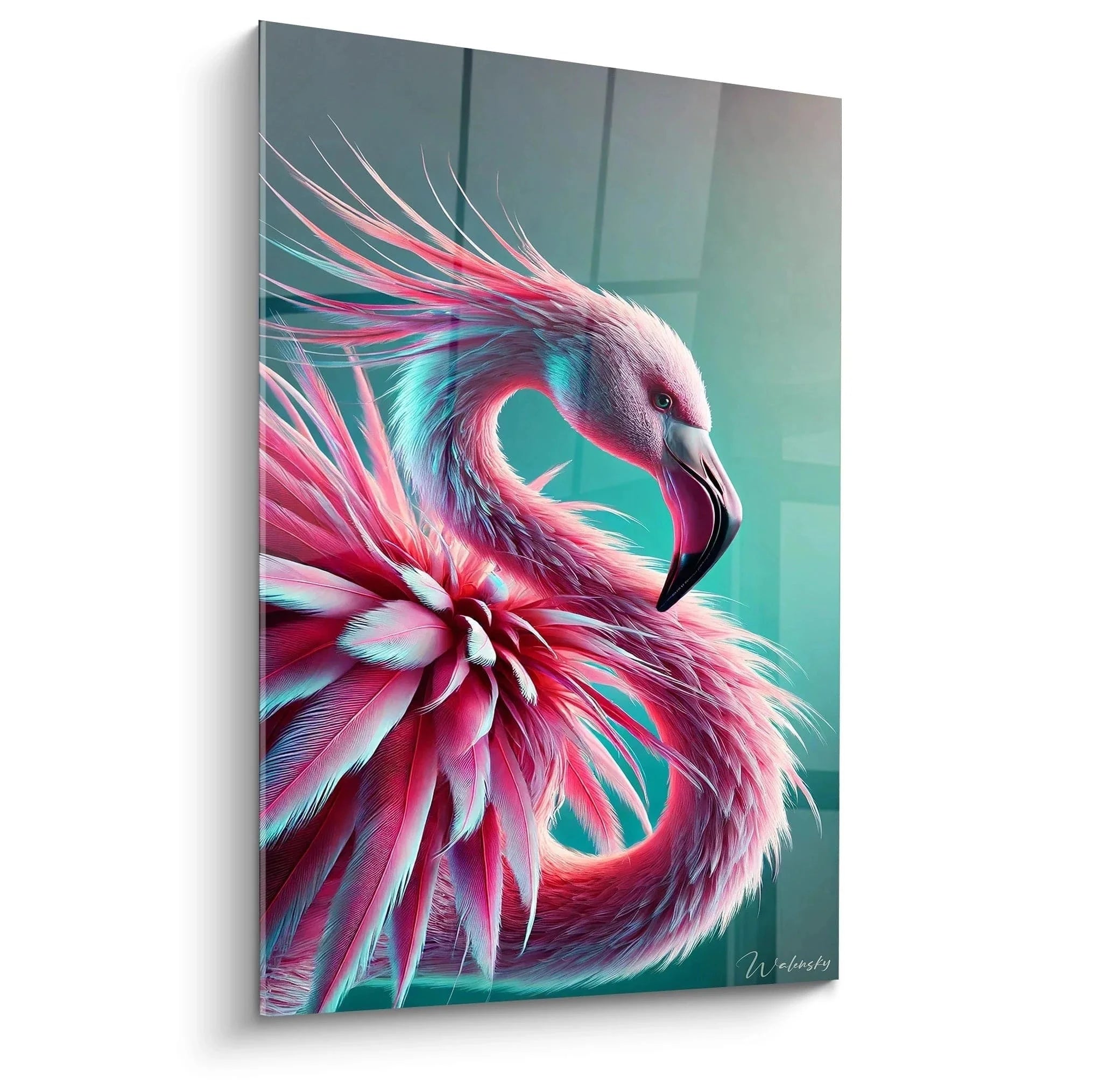 Wandbild Flamingo mit wirbelnden pink-türkisen Federn in dynamischer Spiralform auf türkisem Hintergrund