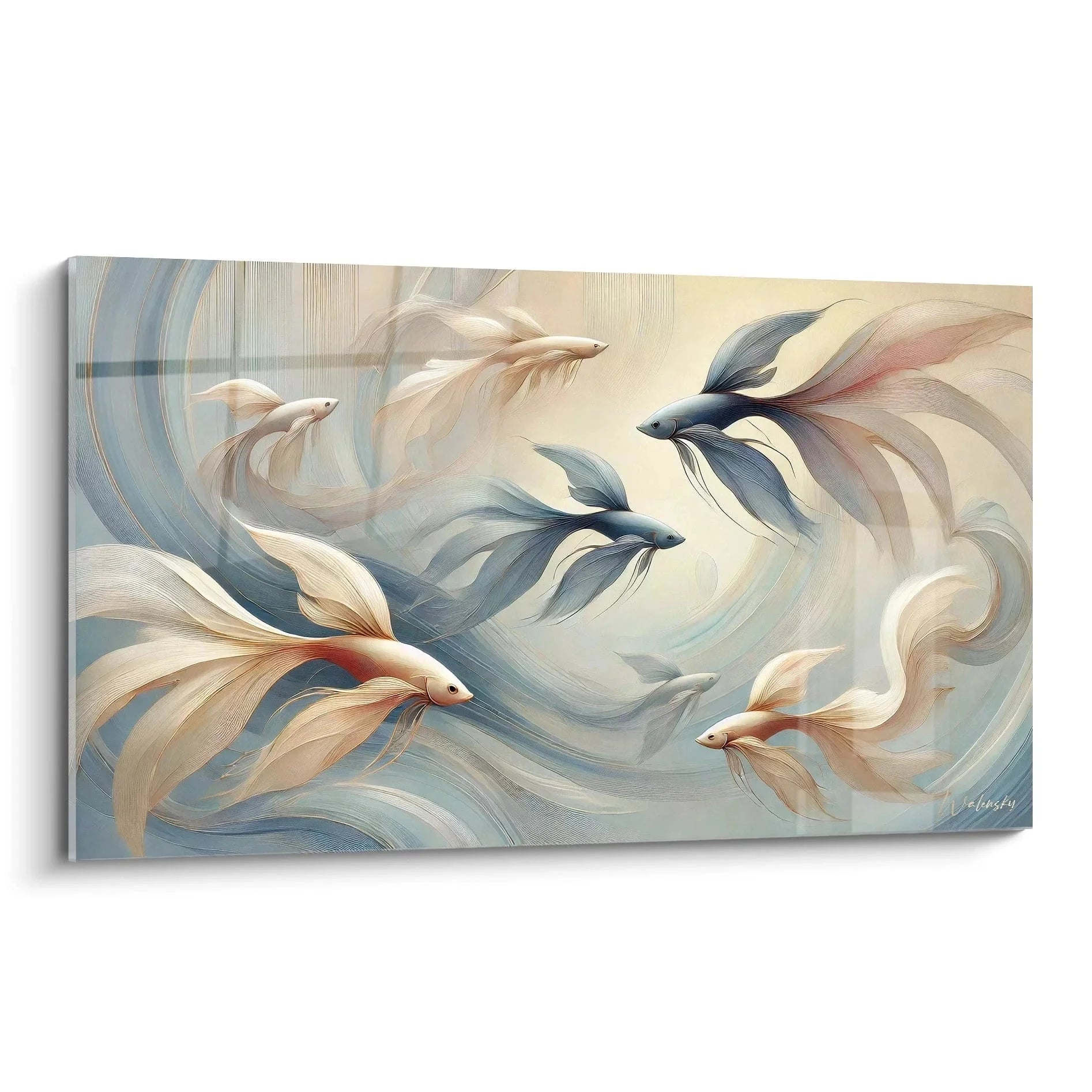 Wandbild fliegende Fische in abstrakte Darstellung mit fließenden Bewegungen in Blau-Beige-Tönen