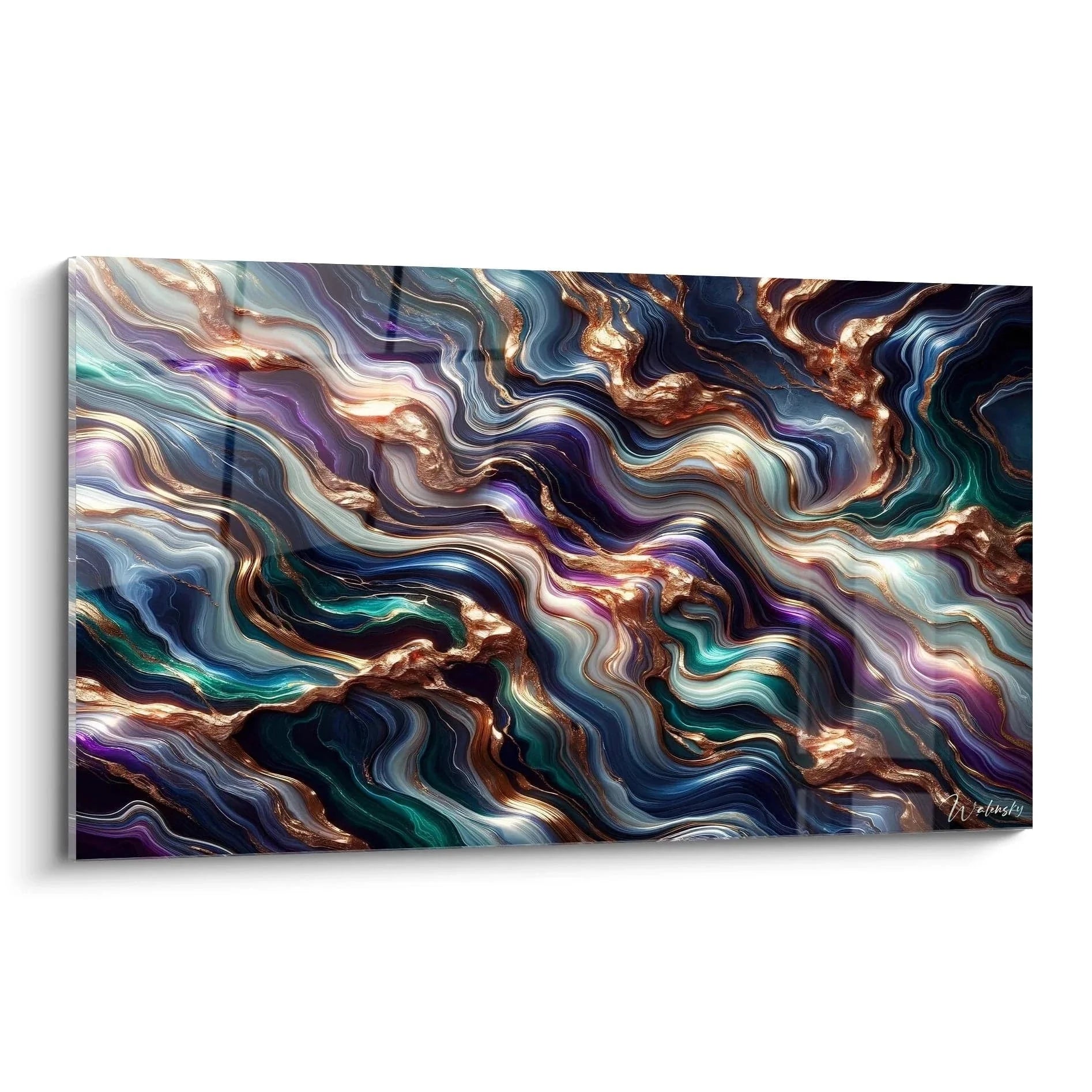 Wandbild fluide Abstraktion mit dynamischen Marmormustern in Blau Gold und Grün Tönen