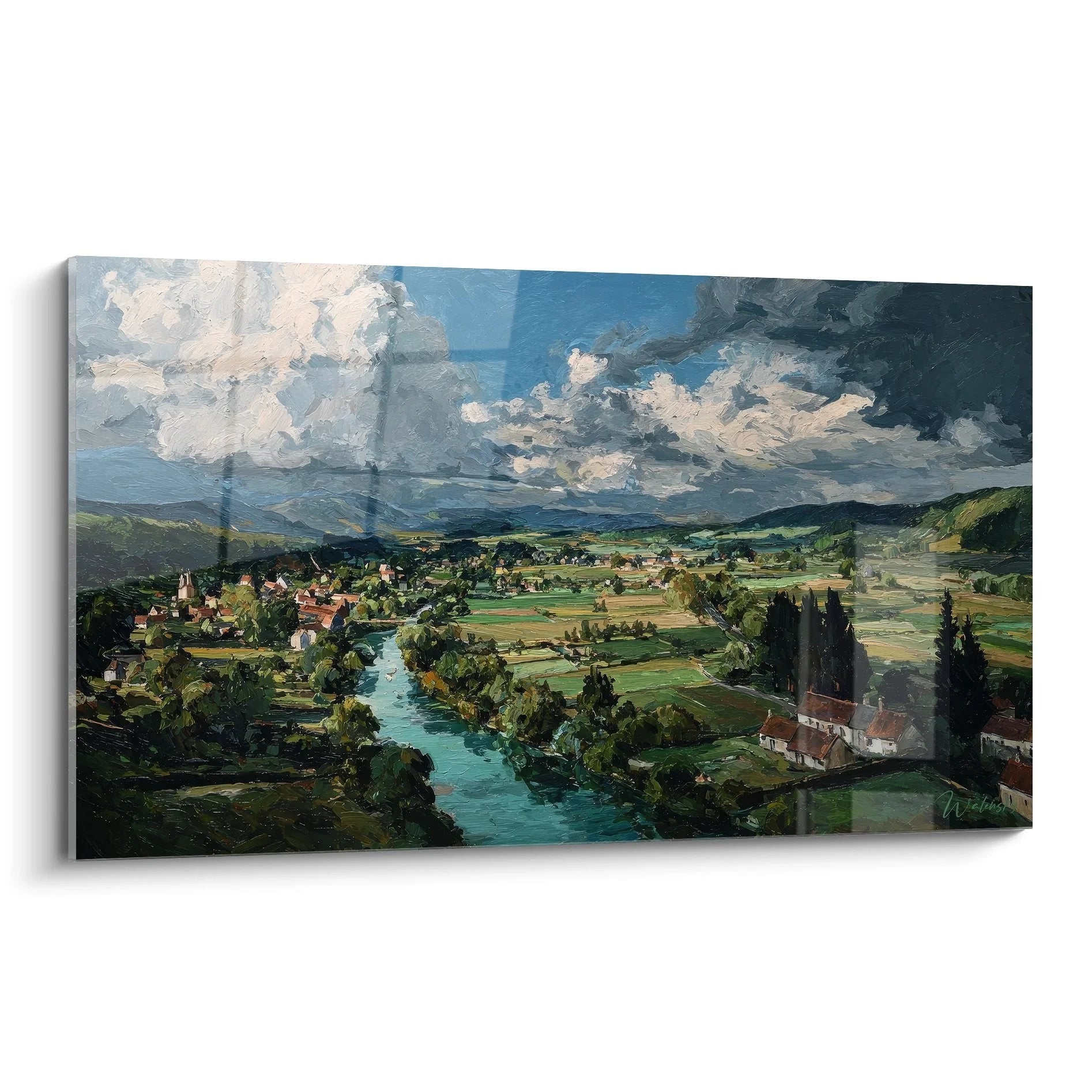 Wandbild Flusslandschaft mit malerischer Talansicht und dramatischem Wolkenhimmel