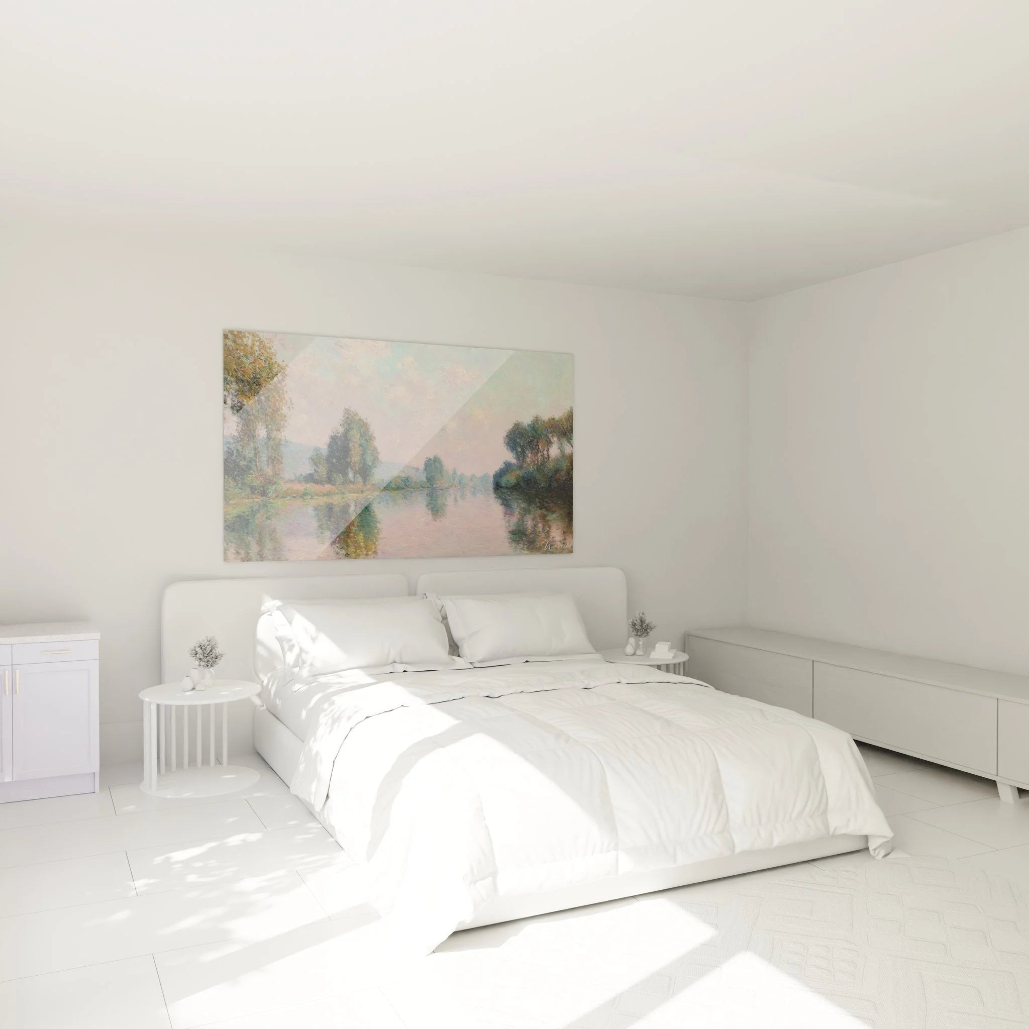 Wandbild Flusslandschaft Schlafzimmer Ambiente beruhigende Morgenstimmung Rosa Türkis Farben