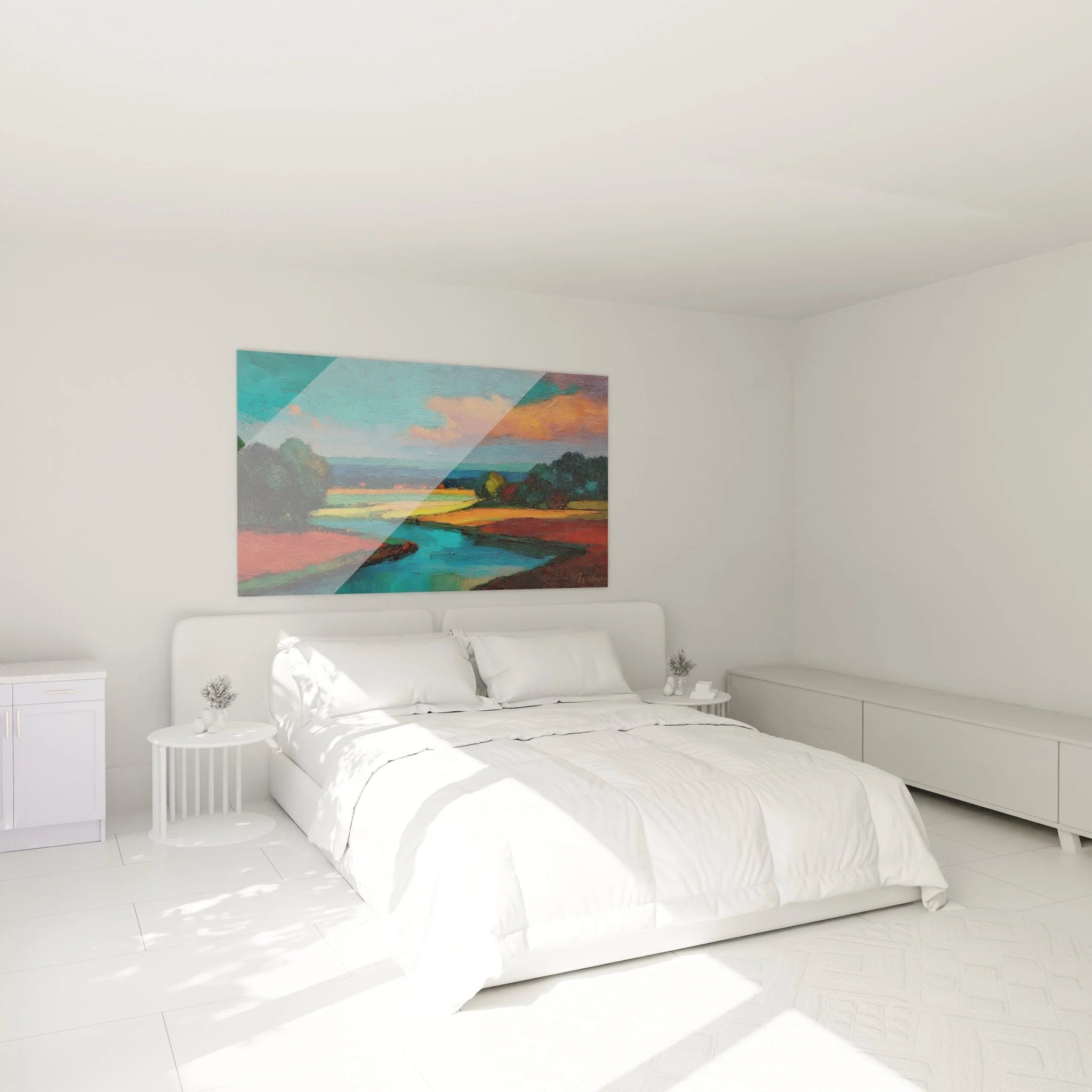Wandbild Flusslandschaft im Schlafzimmer - moderne Landschaftskunst für stilvolle Raumgestaltung
