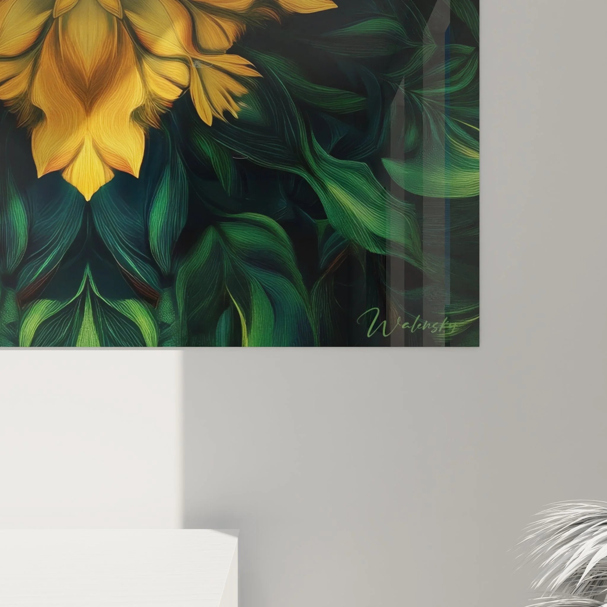 Gesamtansicht Wandbild Fraktale Blume - goldene und grüne geometrische Strukturen im XXL Format
