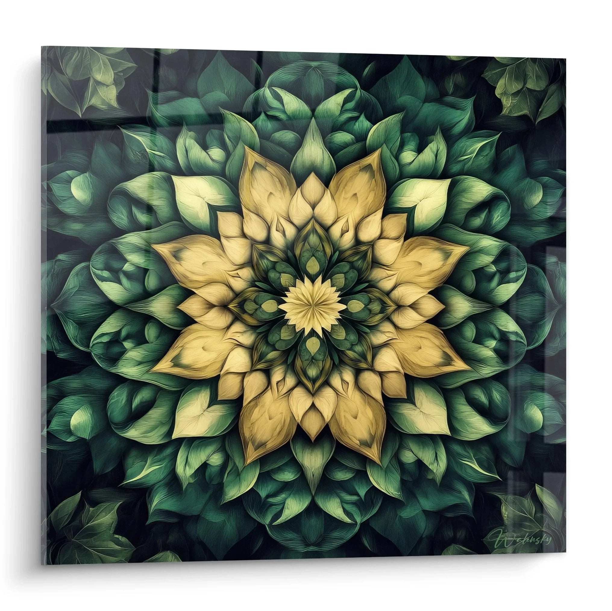 Wandbild Fraktal Mandala mit goldenem Blütenstern und grünen Blättern in symmetrischer Anordnung