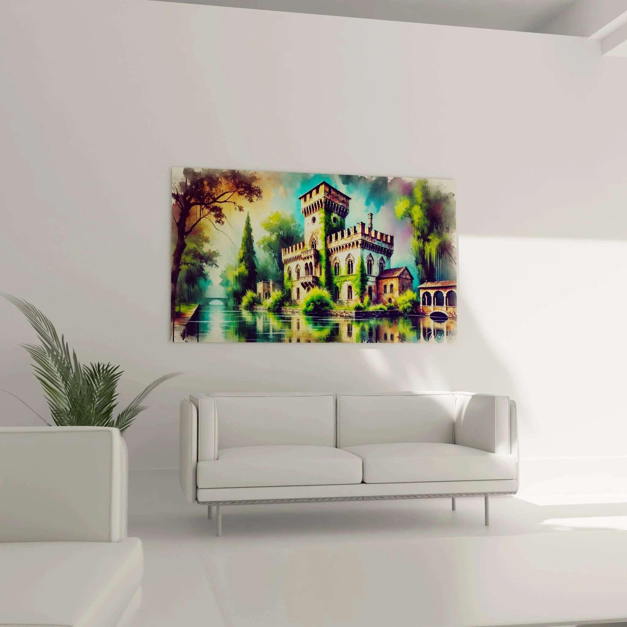 Detailansicht Wandbild französisches Schloss mit gotischen Fenstern und mittelalterlichen Türmen