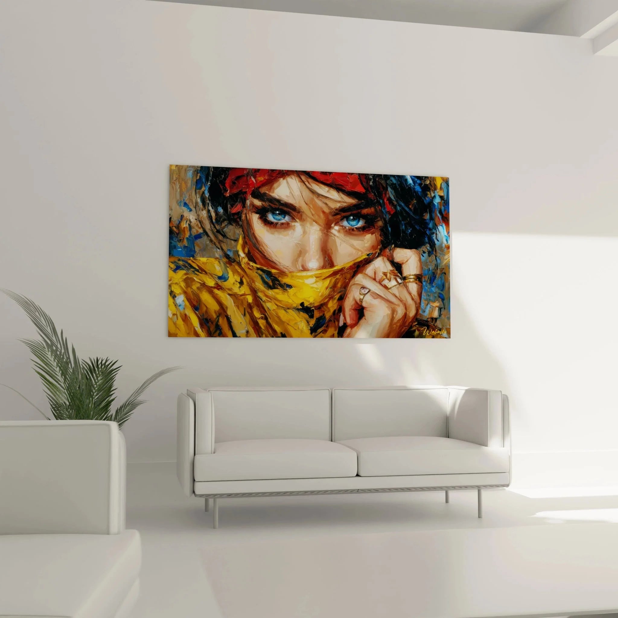 Detailansicht Wandbild Frau Schal - Intensive blaue Augen und gelbe Farbtöne Nahaufnahme