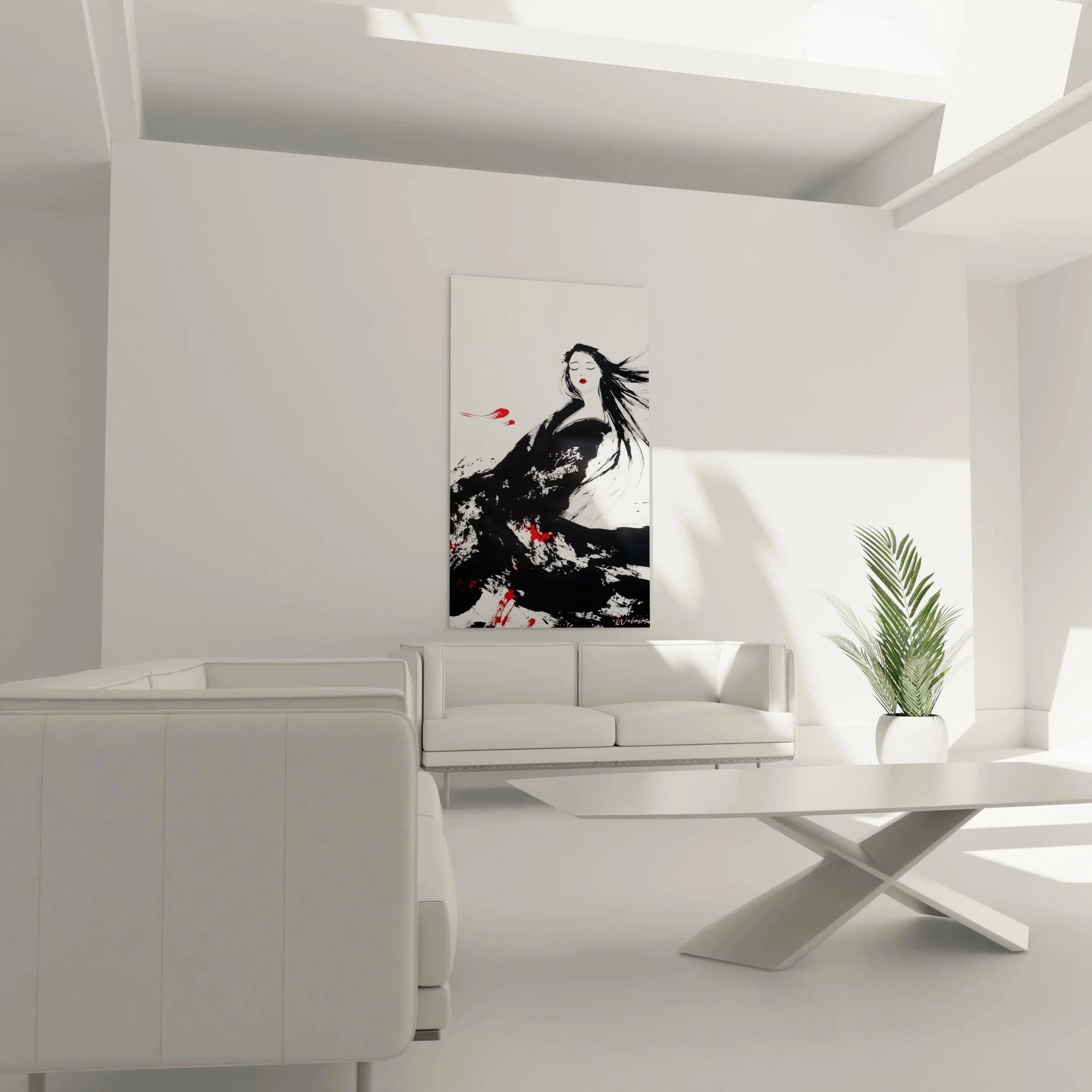 Detailansicht expressionistische Maltechnik Frau schwarzes Haar rote Akzente Wandkunst