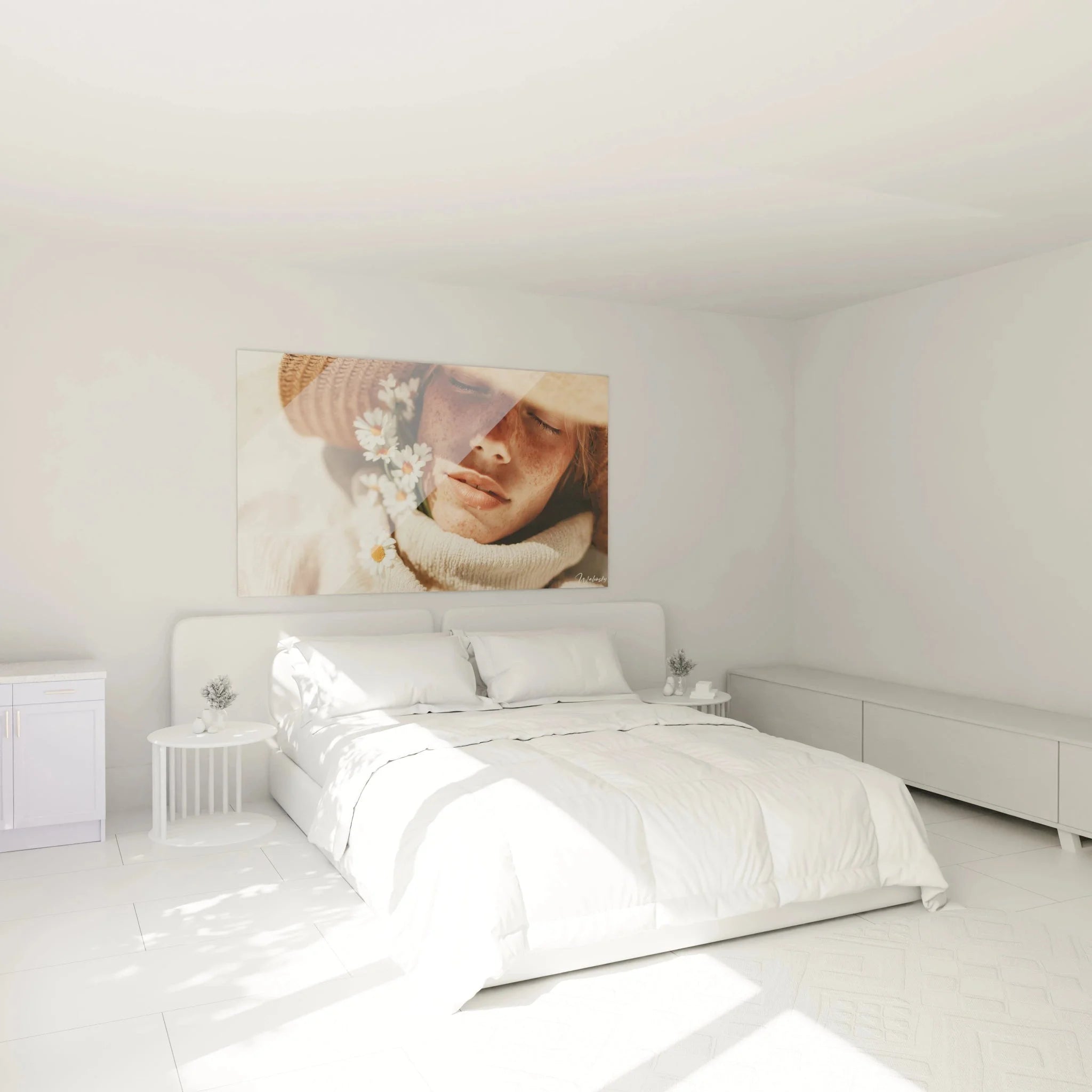 Wandbild Frau Gänseblümchen im Schlafzimmer - harmonische Wanddekoration mit Sommerblumen