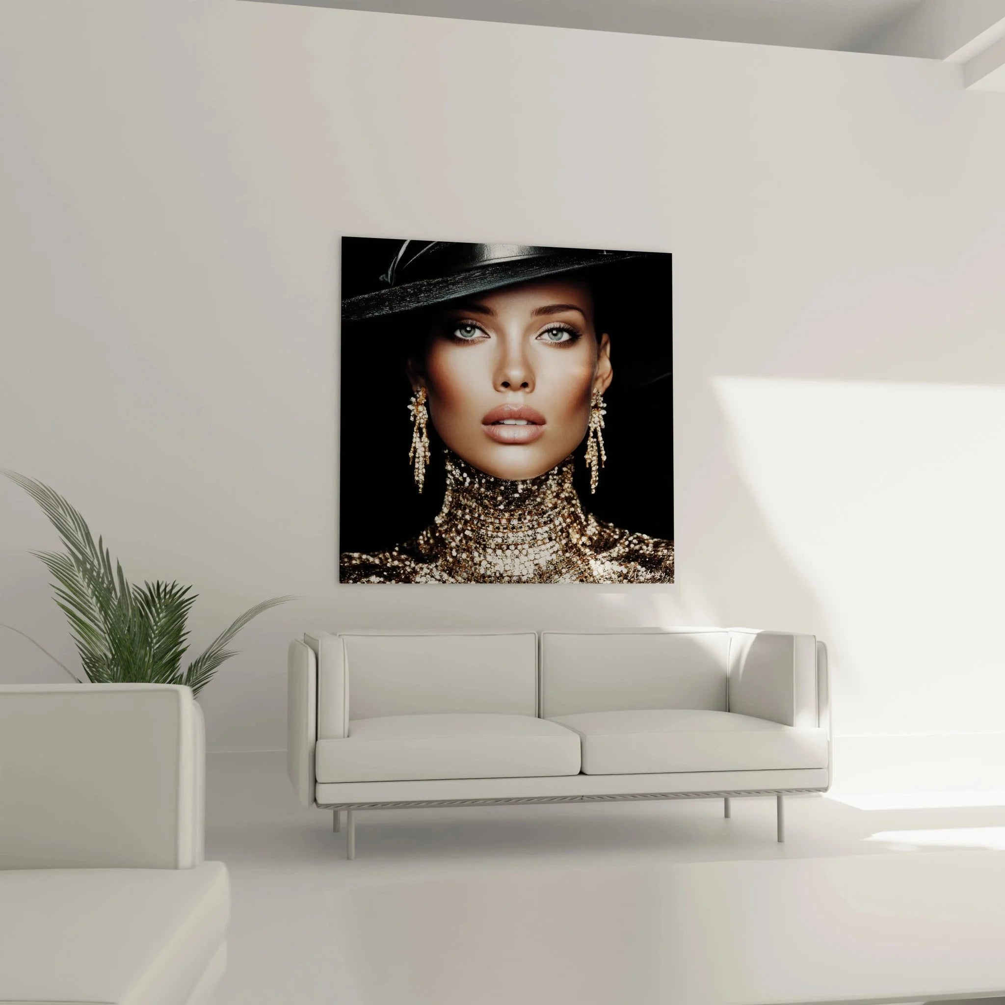 Nahaufnahme Wandbild Detail elegante Frau Gesicht mit perfektem Make-up und Goldschmuck Mode-Gesicht