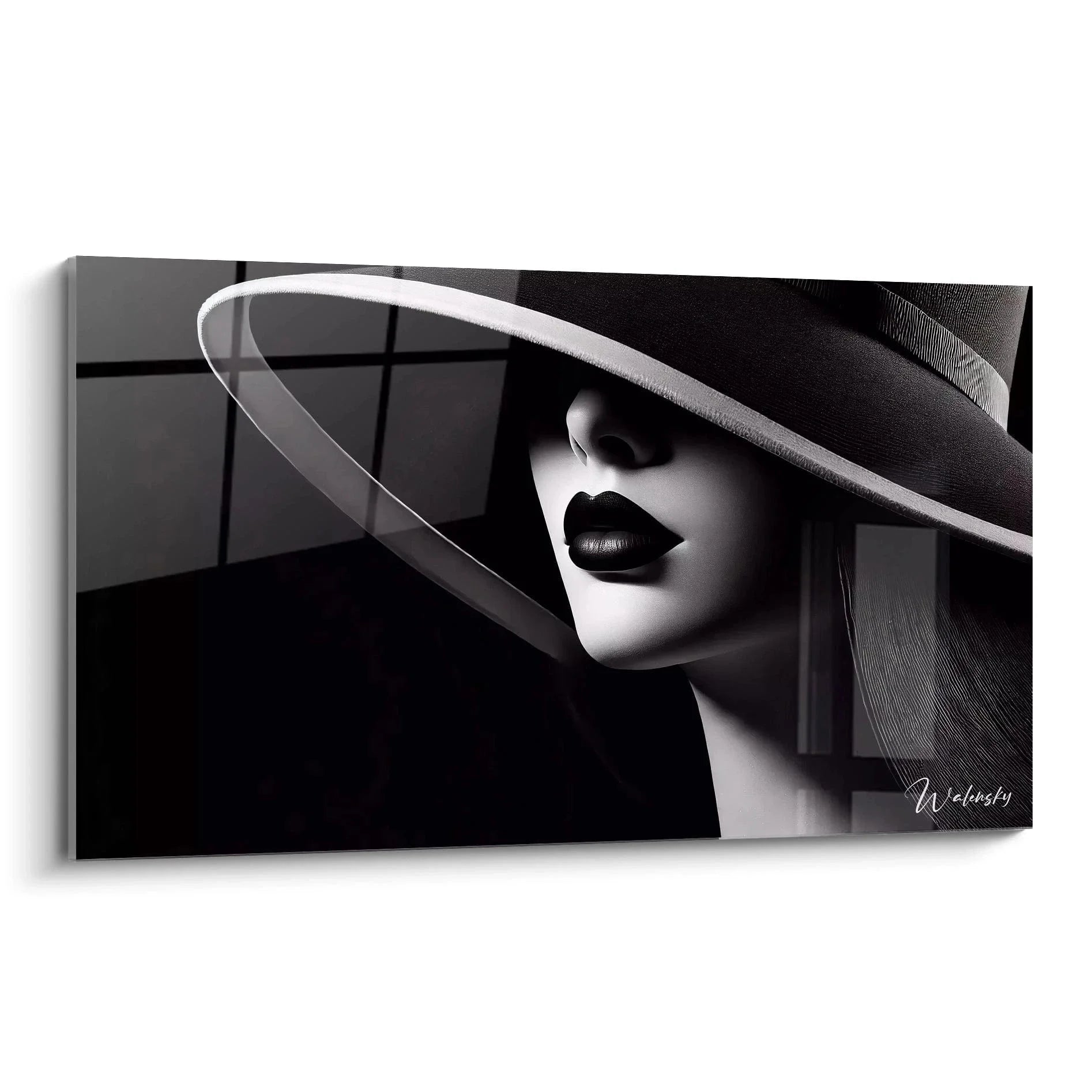 Wandbild Frau mit elegantem Hut schwarz-weiß, mysteriöse Portrait Kunst für moderne Wandgestaltung