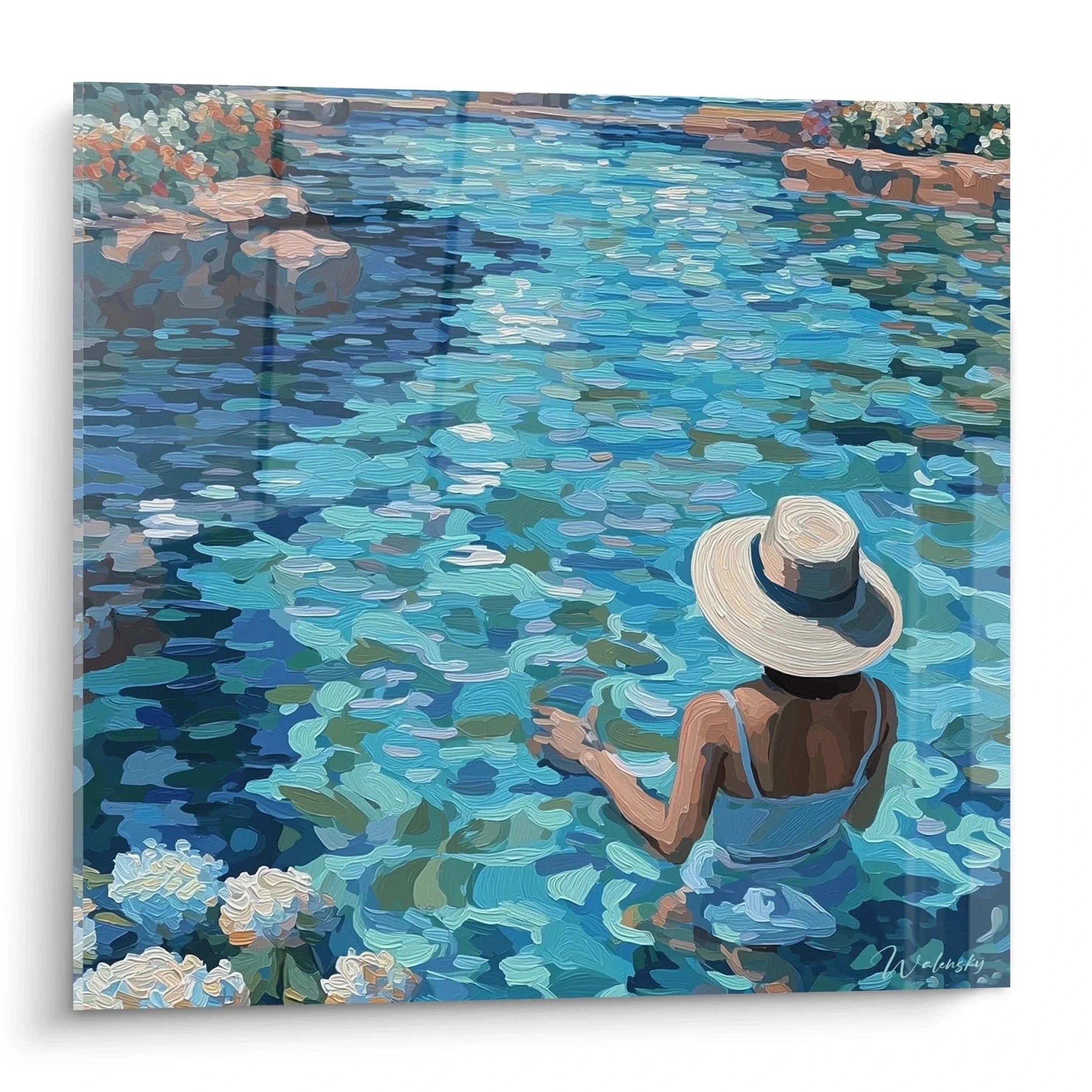 Wandbild Frau im kristallklaren Wasser mit Strohhut - Sommerliche Wanddekoration in Blau und Türkis