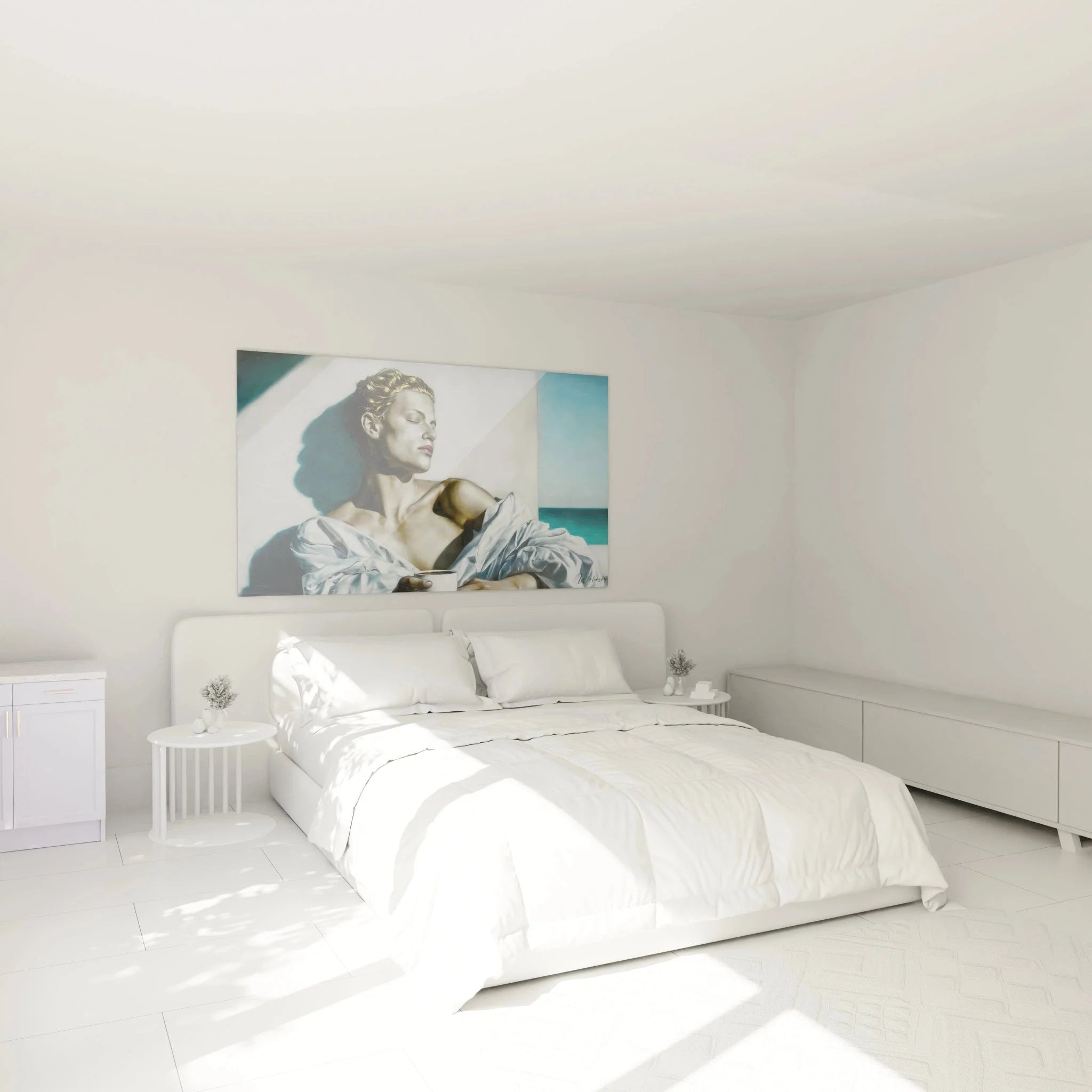 Wandbild Frau Kaffee Hyperrealismus in modernem Schlafzimmer als elegante Wanddekoration XXL