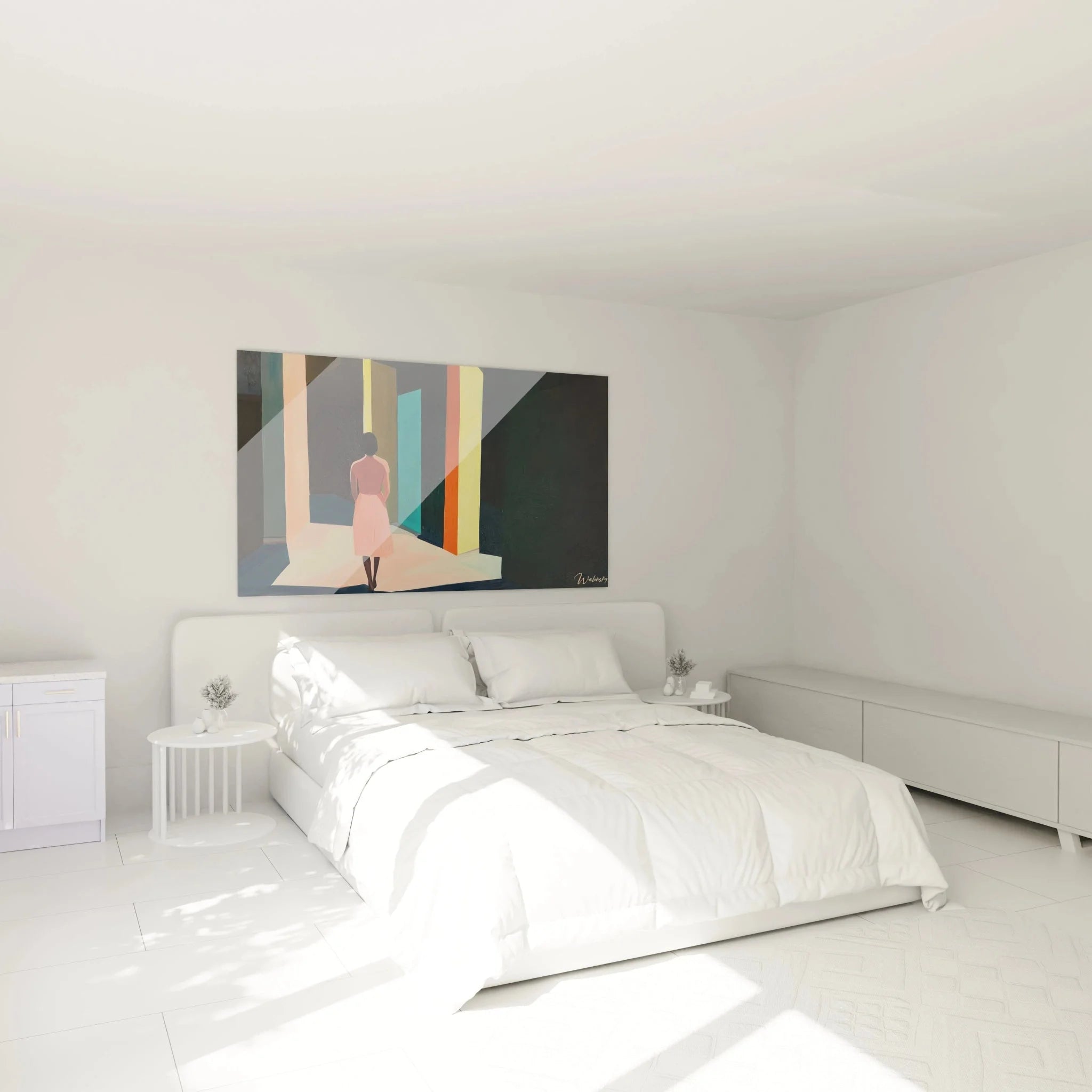 Wandbild Frau Korridor moderne Architektur in elegantem Schlafzimmer warme Farben Wanddekoration