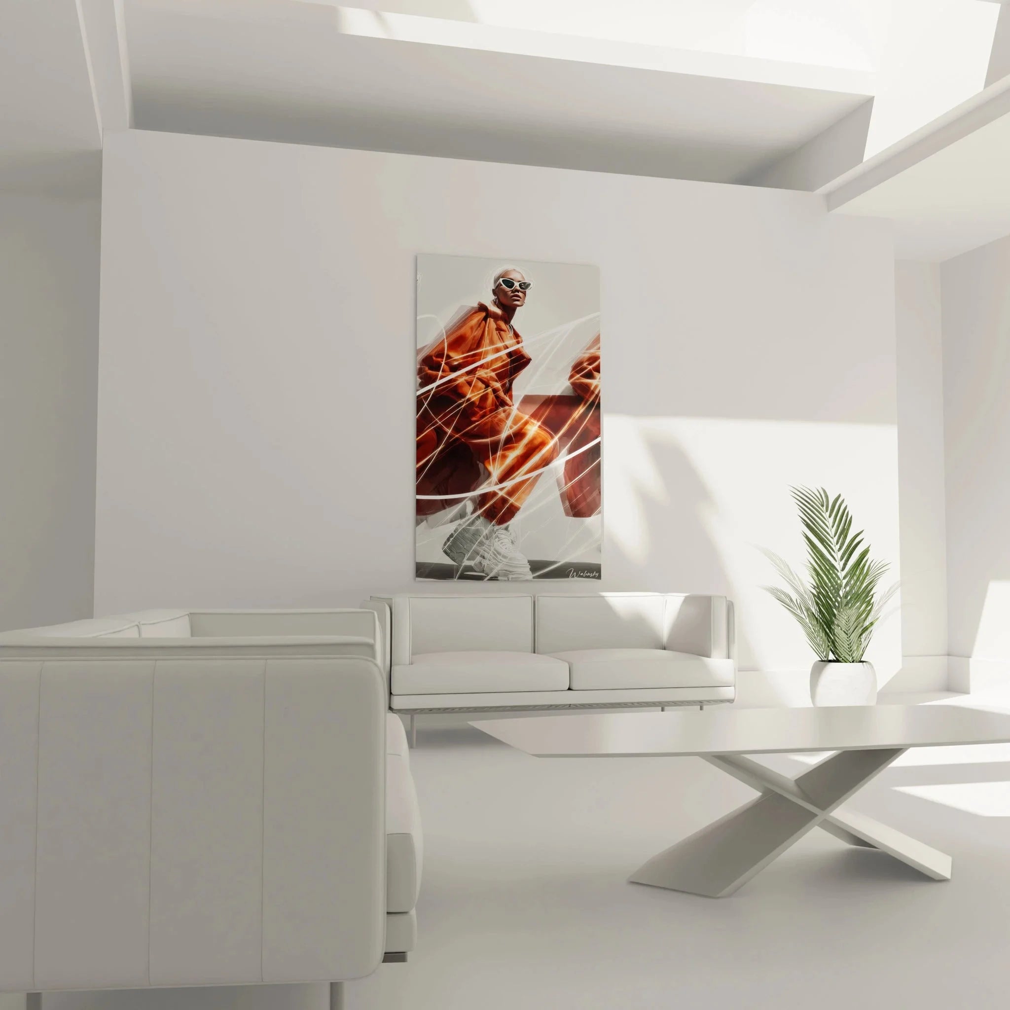 Detailansicht Wandbild Frau Orange - Hochwertige Modeillustration mit futuristischen Lichteffekten