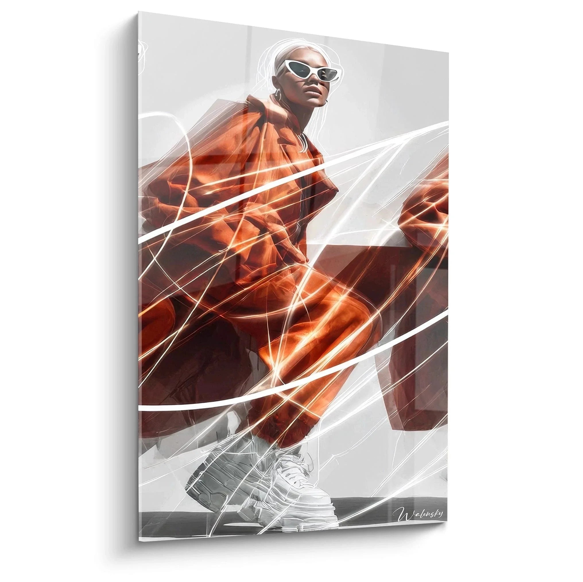 Wandbild Frau Orange Urban Style - Moderne Modeillustration mit Lichteffekten und Streetwear Design