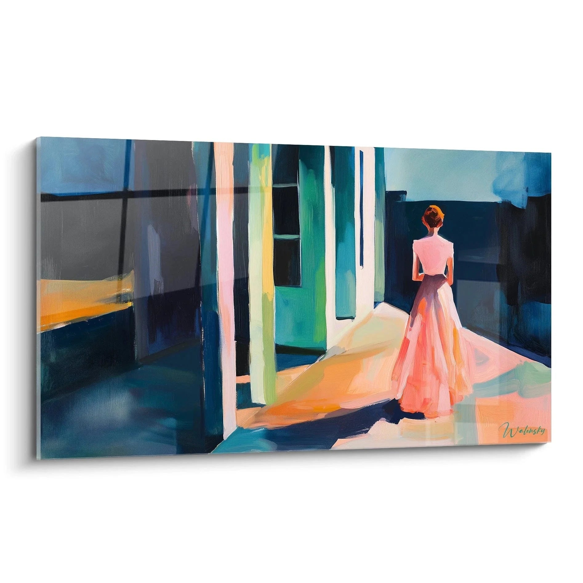 Wandbild Frau im Raum Hopper Stil - Moderne Kunstdruck mit Lichtspiel und warmen Farben für Wanddekoration