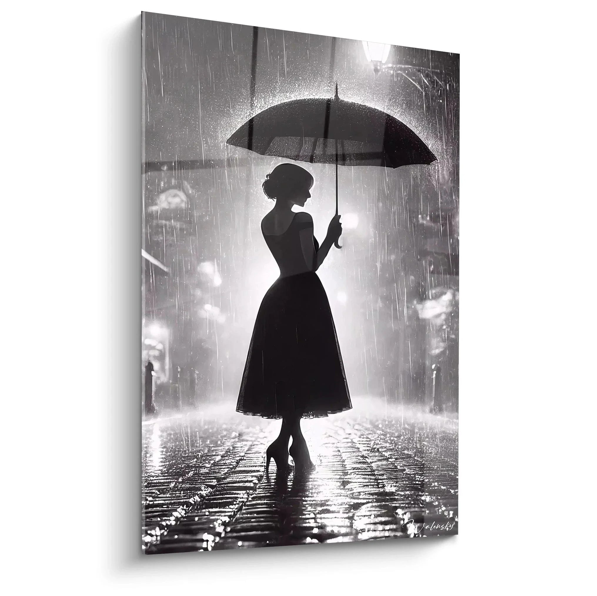 Elegante Frau mit Regenschirm im Regen - Schwarz-weiß Wandbild Silhouette für moderne Wanddekoration