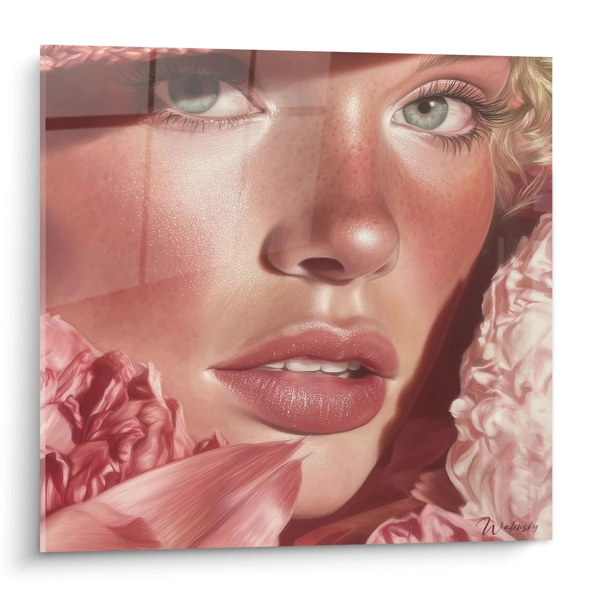 Wandbild einer schönen Frau mit rosa Blumen im Haar - feminine Wanddekoration