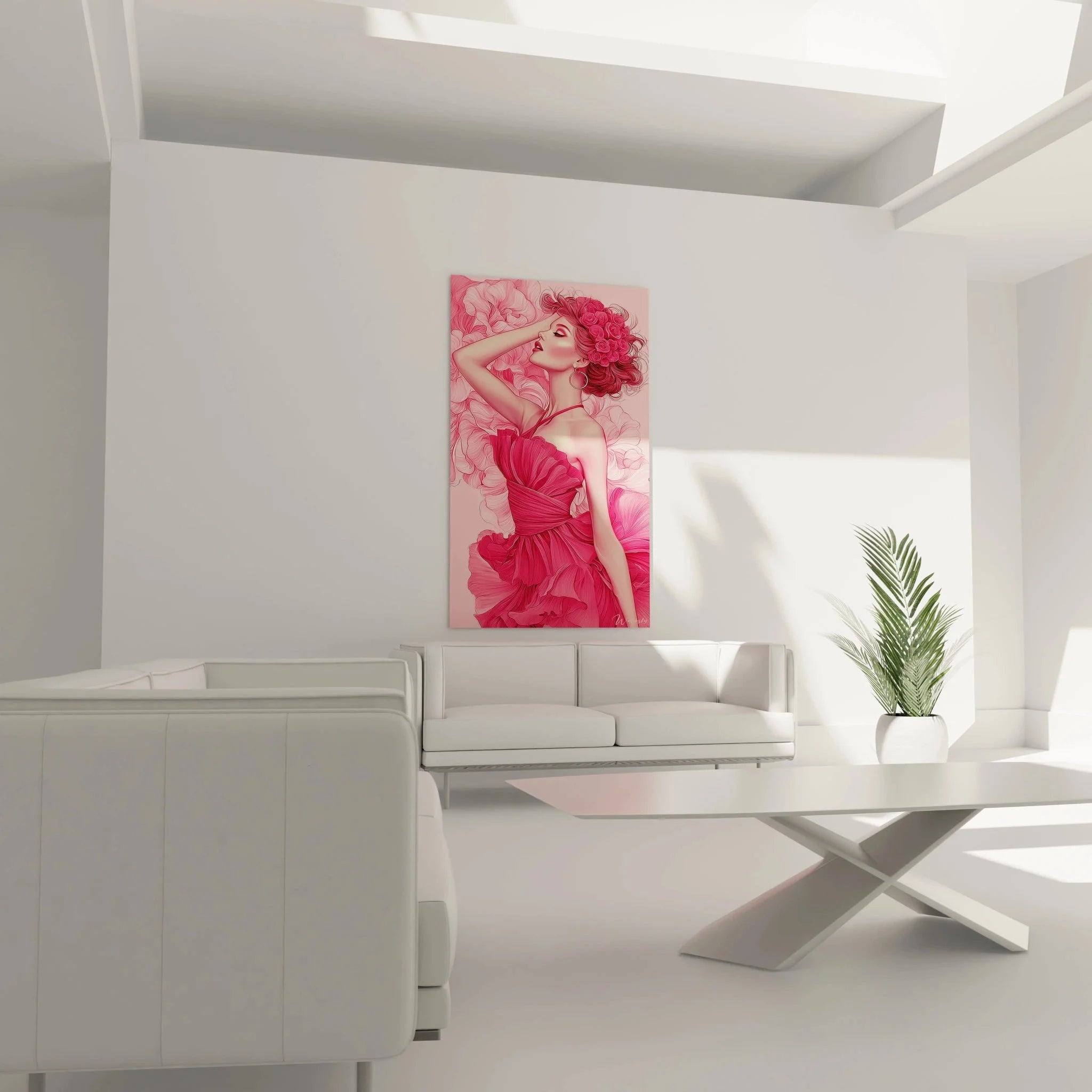 Detailansicht Wandbild Rosa Frau - kunstvolle feminine Illustration mit floralen Motiven