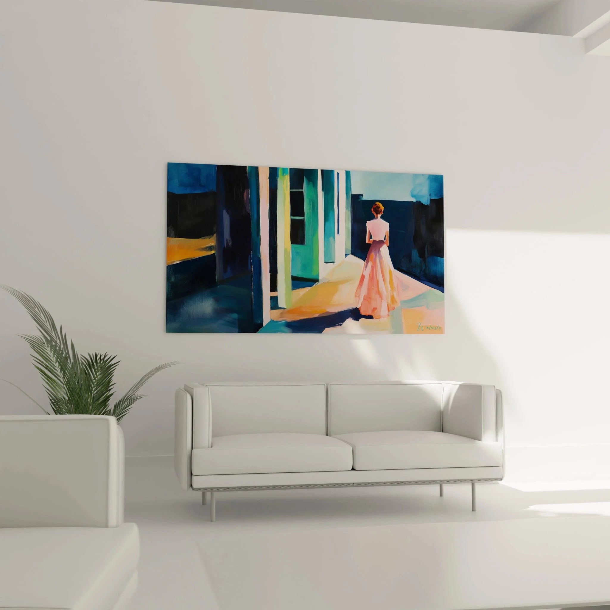 Detailansicht Wandbild Frau rosa Kleid - Hopper Stil Kunstdruck mit expressiver Farbgebung Nahaufnahme