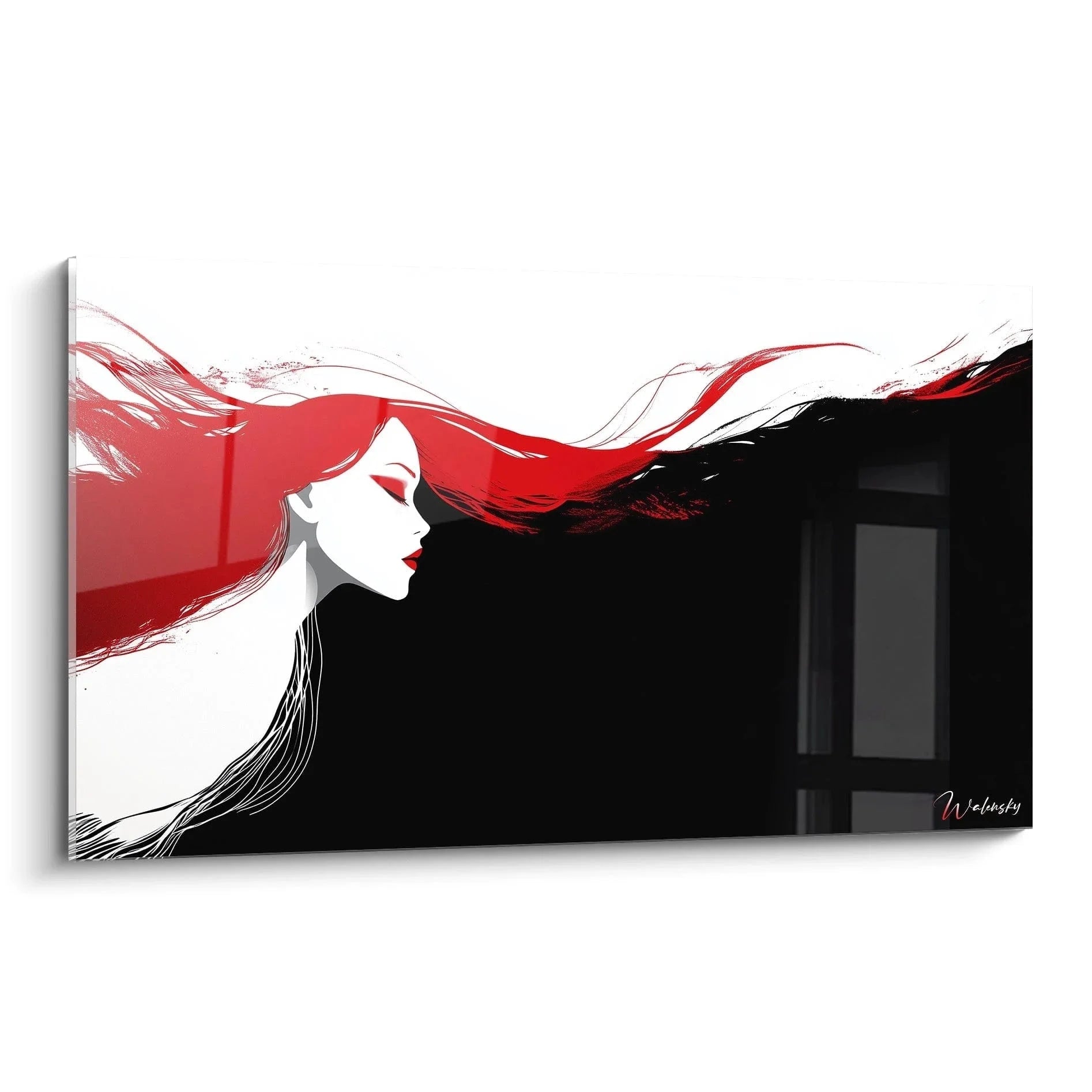 Wandbild abstrakte Frau mit rotem Haar im Edvard Munch Stil, moderne Wanddekoration rot schwarz