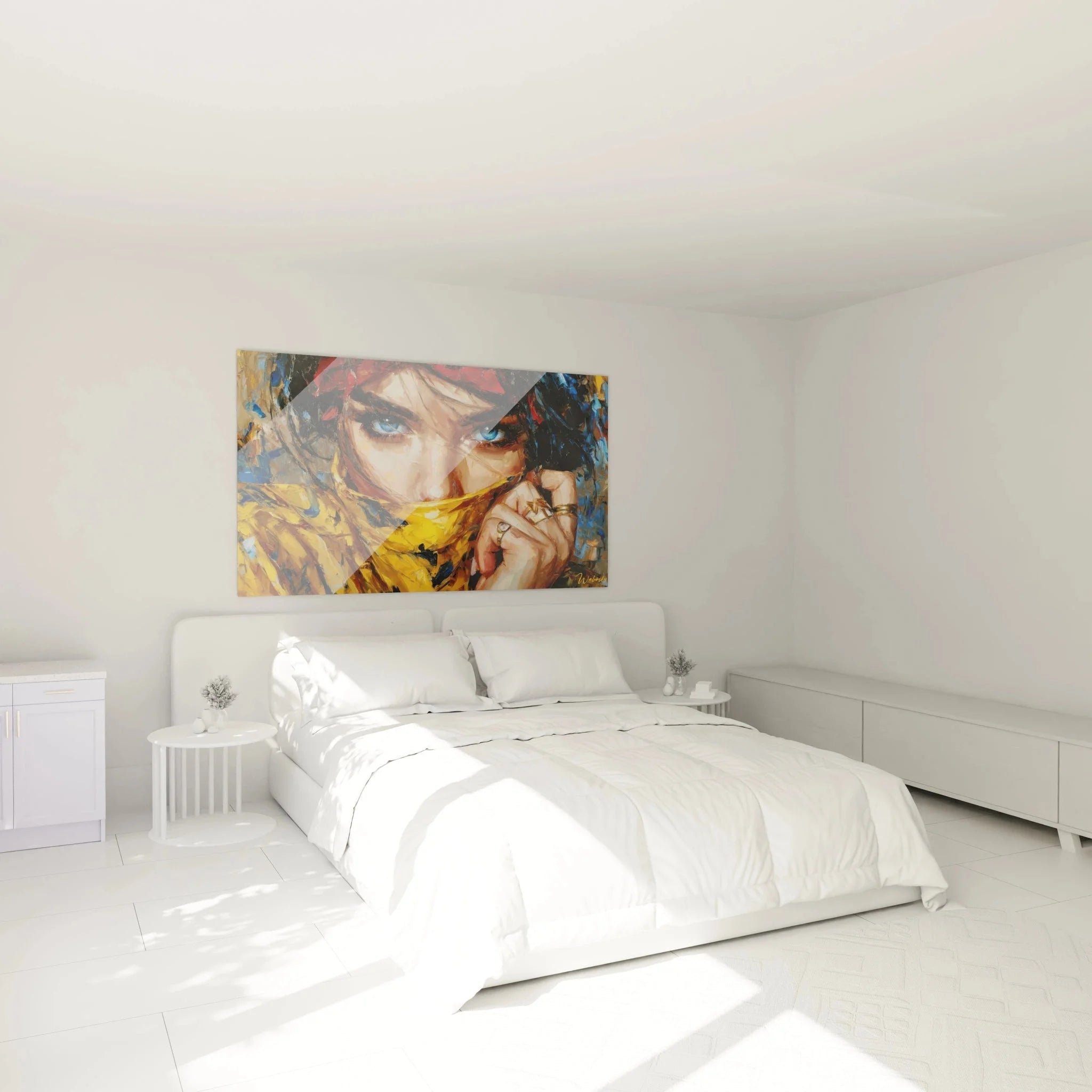Wandbild Frau gelber Schal im Schlafzimmer - Moderne Streetwear Wanddekoration Ambiente
