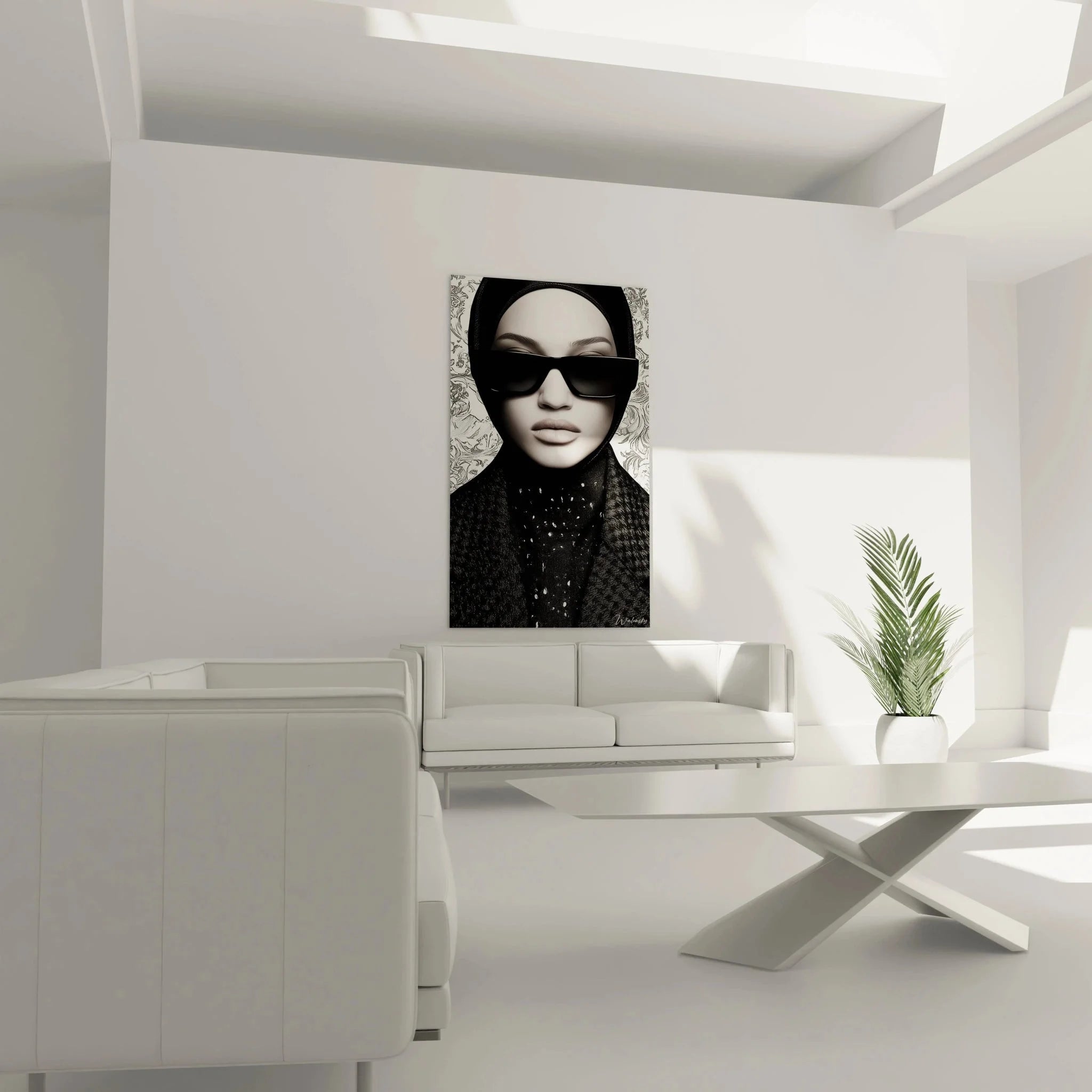 Detailansicht Wandbild Portrait Frau mit schwarzer Sonnenbrille, monochrome Kunstfotografie