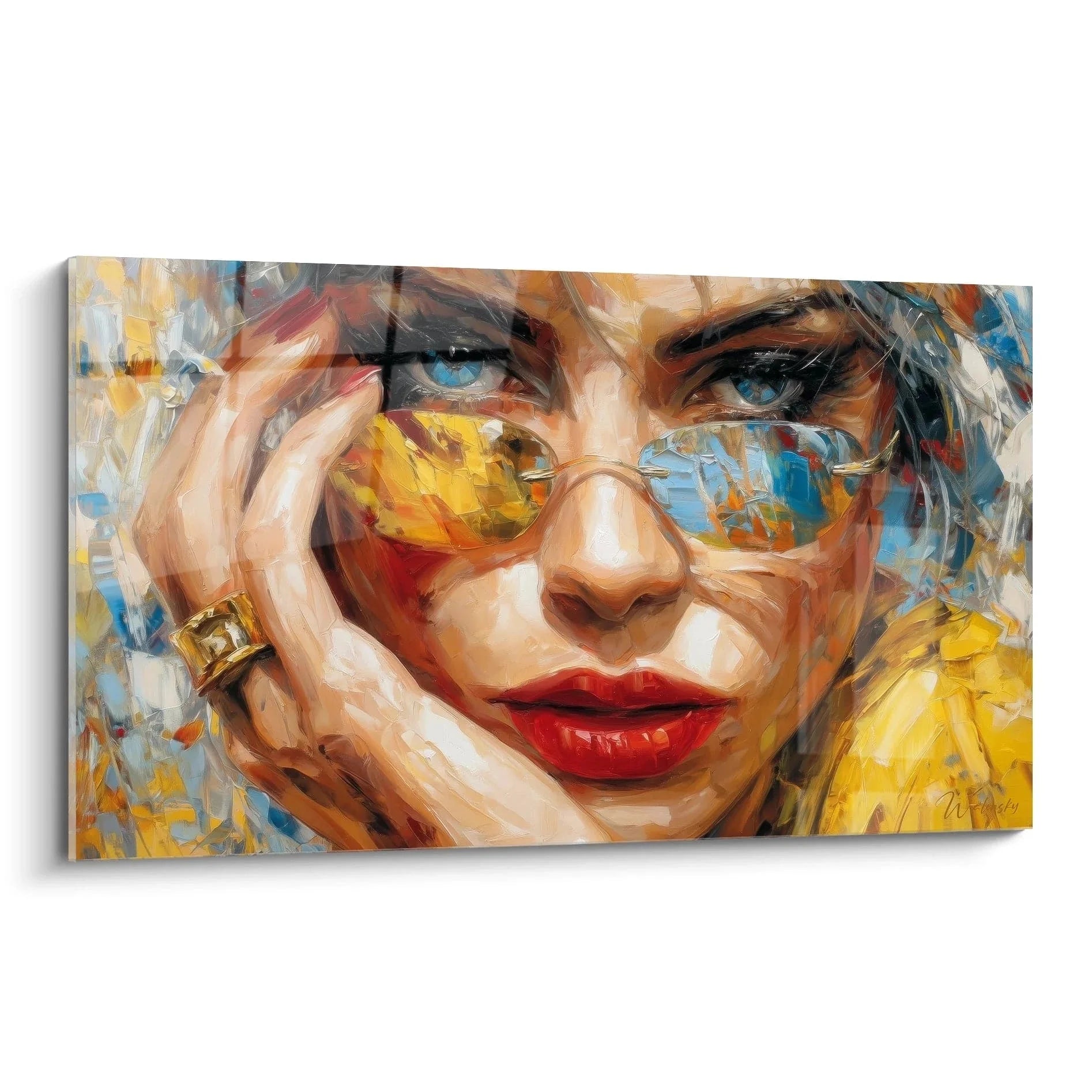 Wandbild Frau mit gelber Sonnenbrille und roten Lippen in expressionistischem Stil, Fashion Portrait
